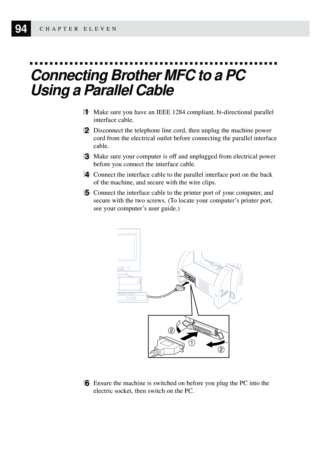 Brother MFC-9870 manual Connecting Brother MFC to a PC Using a Parallel Cable 