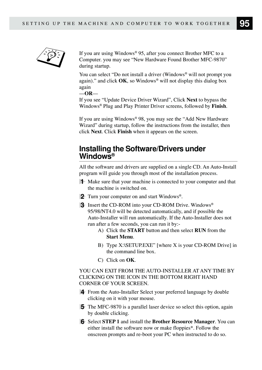 Brother MFC-9870 manual Installing the Software/Drivers under Windows 