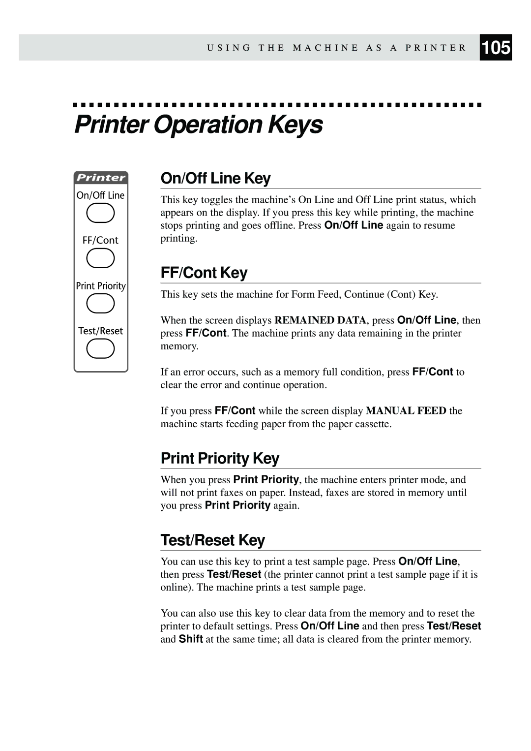 Brother MFC-9870 manual Printer Operation Keys, On/Off Line Key, FF/Cont Key, Print Priority Key, Test/Reset Key 