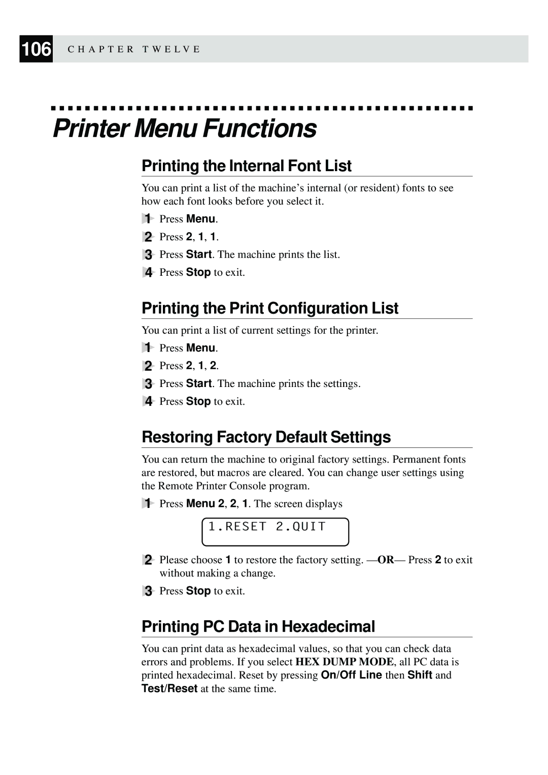 Brother MFC-9870 manual Printer Menu Functions, Printing the Internal Font List, Printing the Print Configuration List 