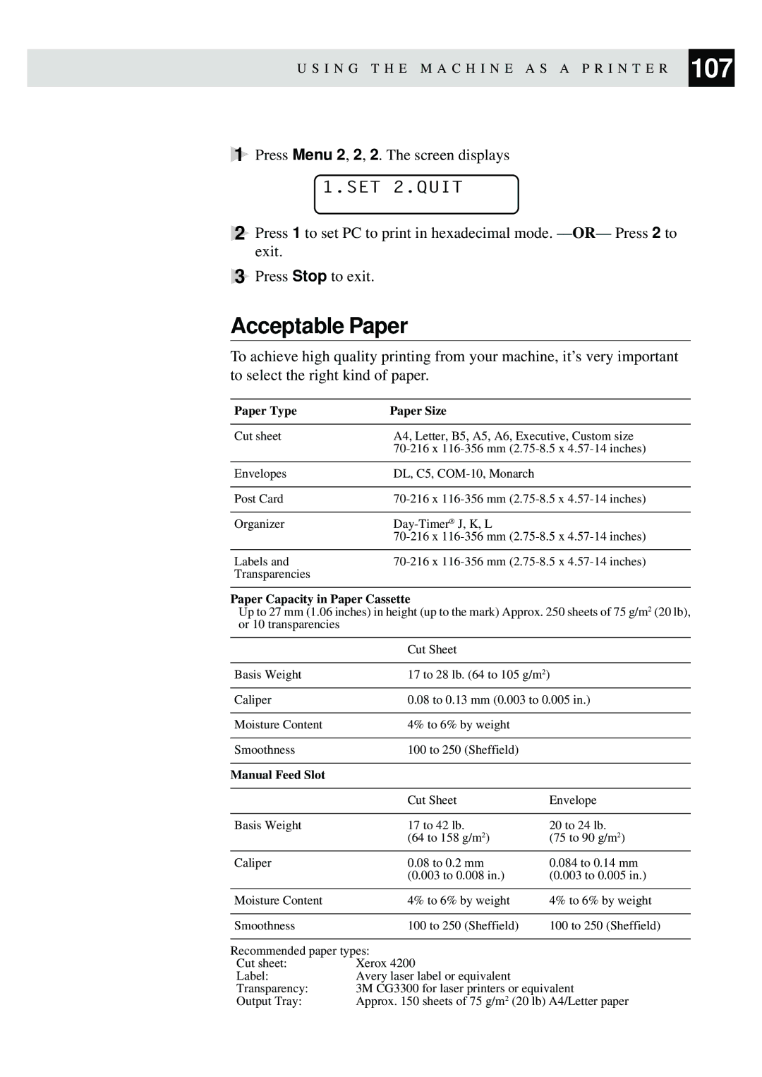 Brother MFC-9870 manual Acceptable Paper, SET 2.QUIT 