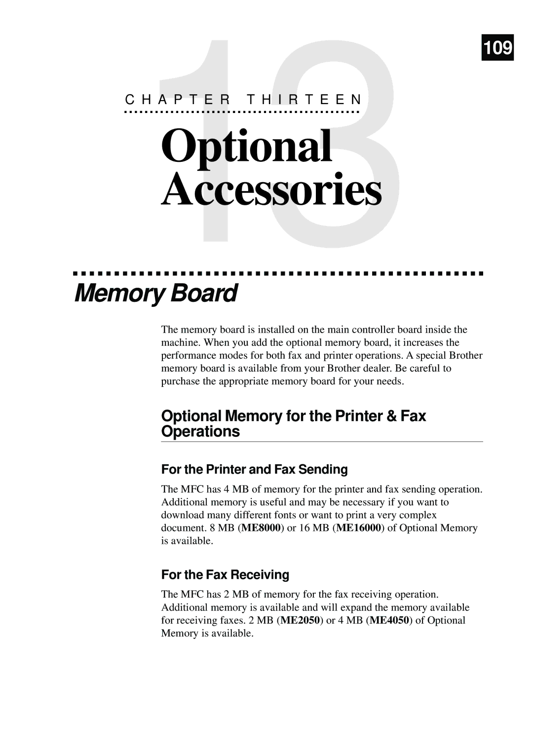 Brother MFC-9870 manual Optional Accessories, Memory Board, Optional Memory for the Printer & Fax Operations 