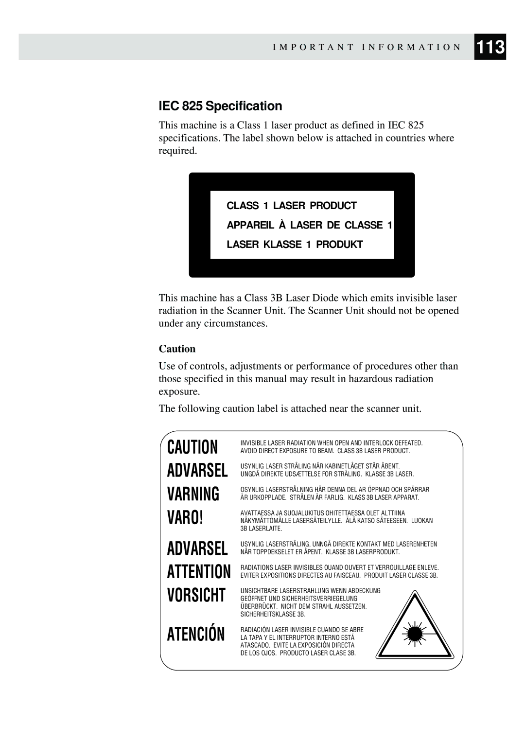 Brother MFC-9870 manual Atención, IEC 825 Specification 