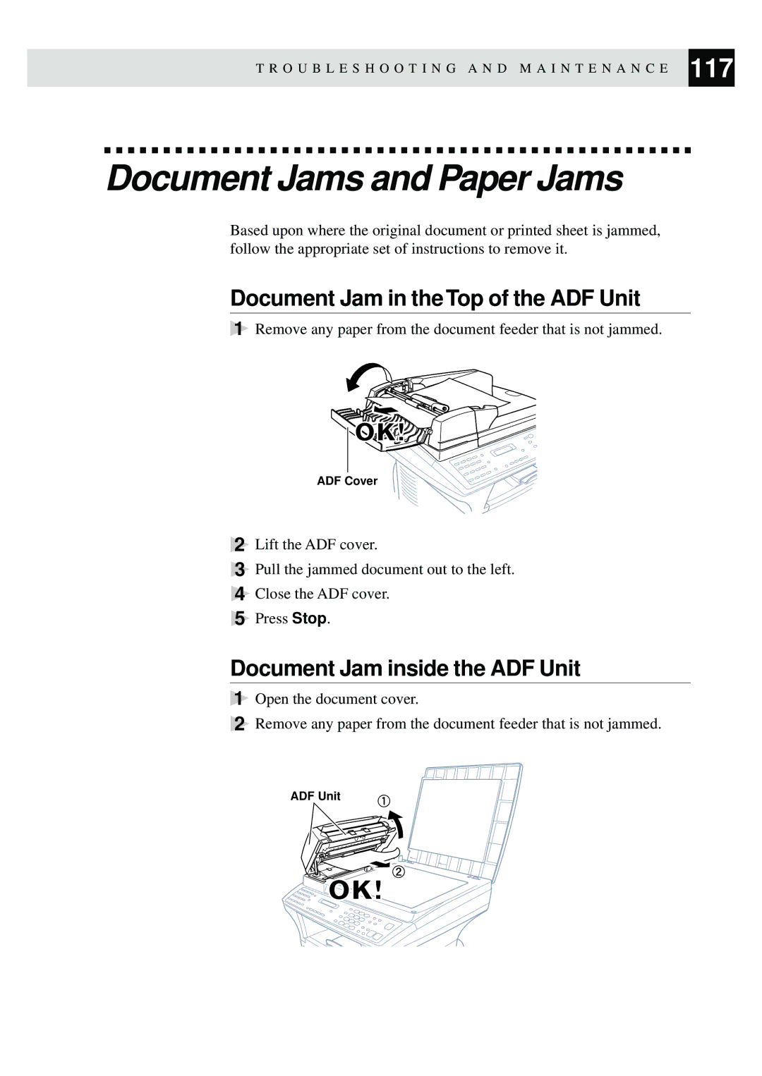 Brother MFC-9870 Document Jams and Paper Jams, Document Jam in the Top of the ADF Unit, Document Jam inside the ADF Unit 