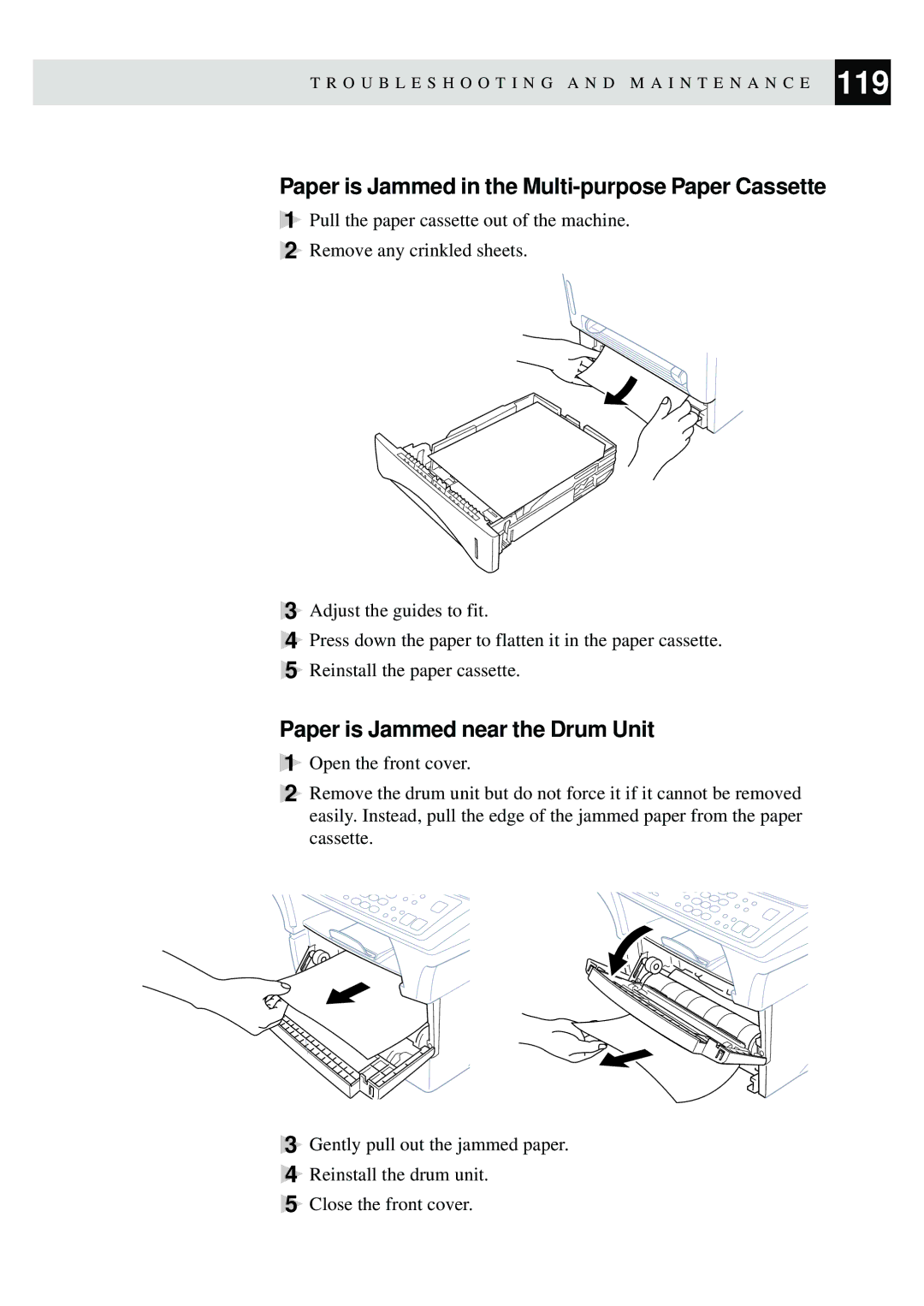 Brother MFC-9870 manual Paper is Jammed in the Multi-purpose Paper Cassette, Paper is Jammed near the Drum Unit 