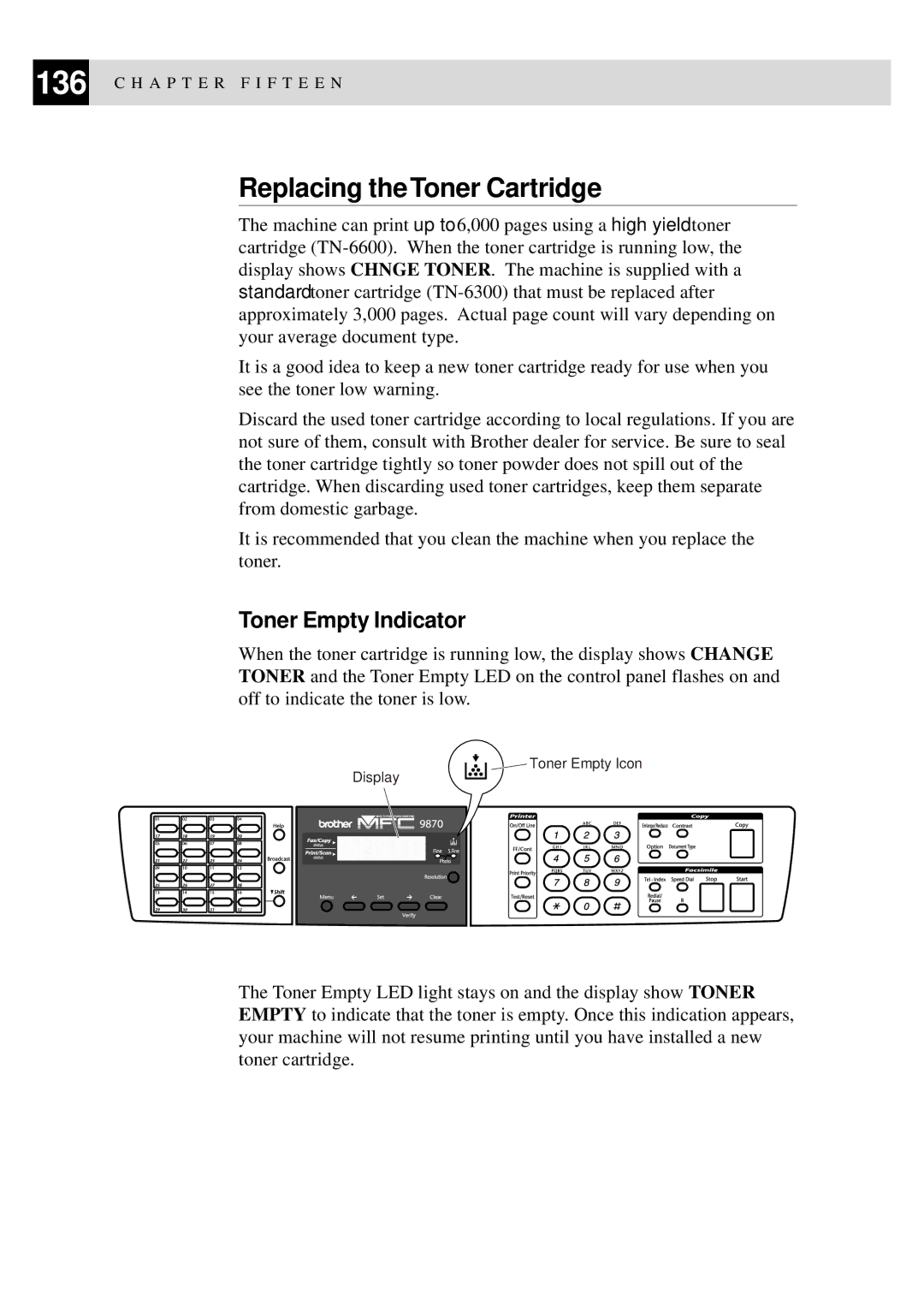 Brother MFC-9870 manual Replacing the Toner Cartridge, Toner Empty Indicator 