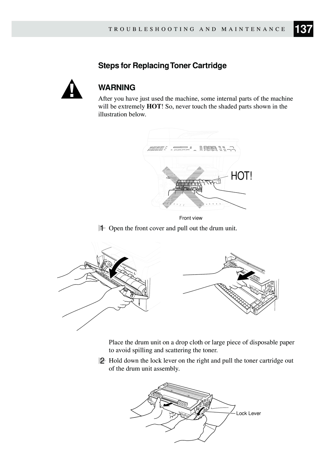 Brother MFC-9870 manual Steps for Replacing Toner Cartridge 