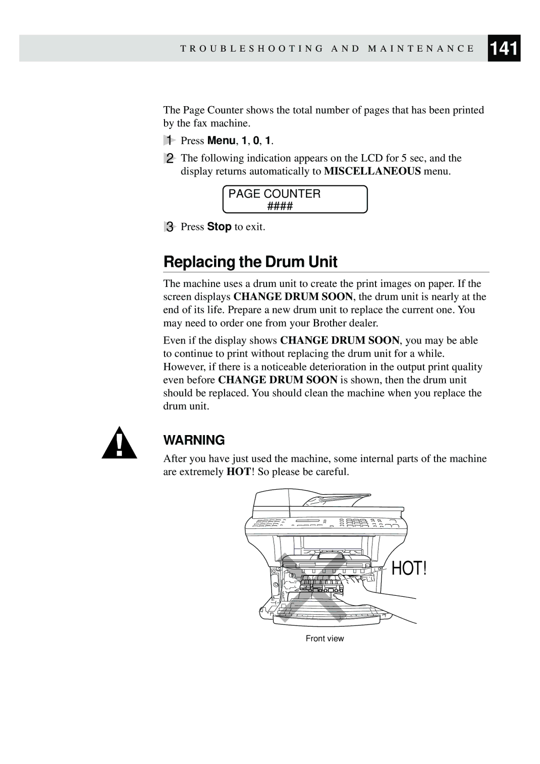 Brother MFC-9870 manual Replacing the Drum Unit, Counter 