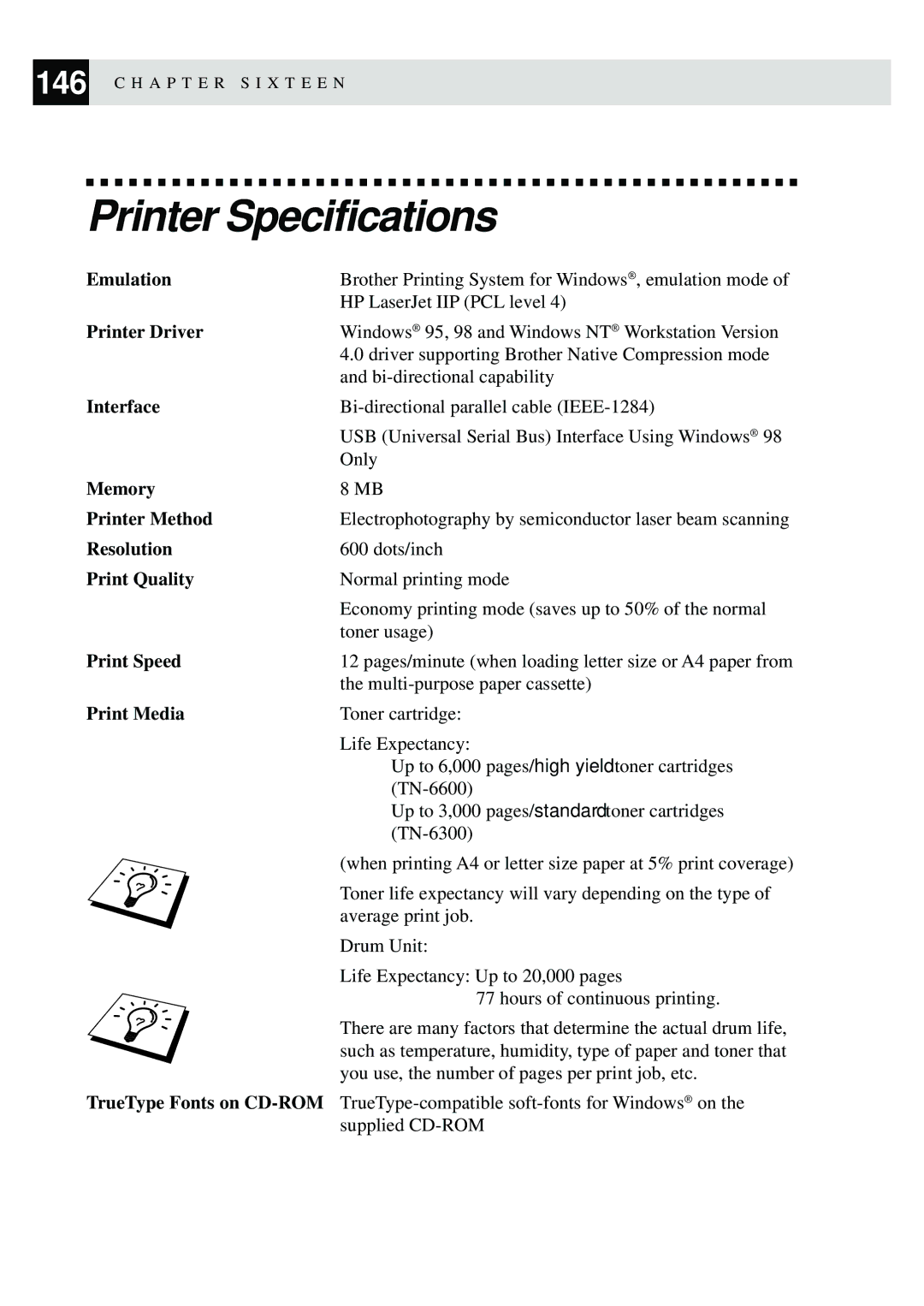 Brother MFC-9870 manual Printer Specifications 