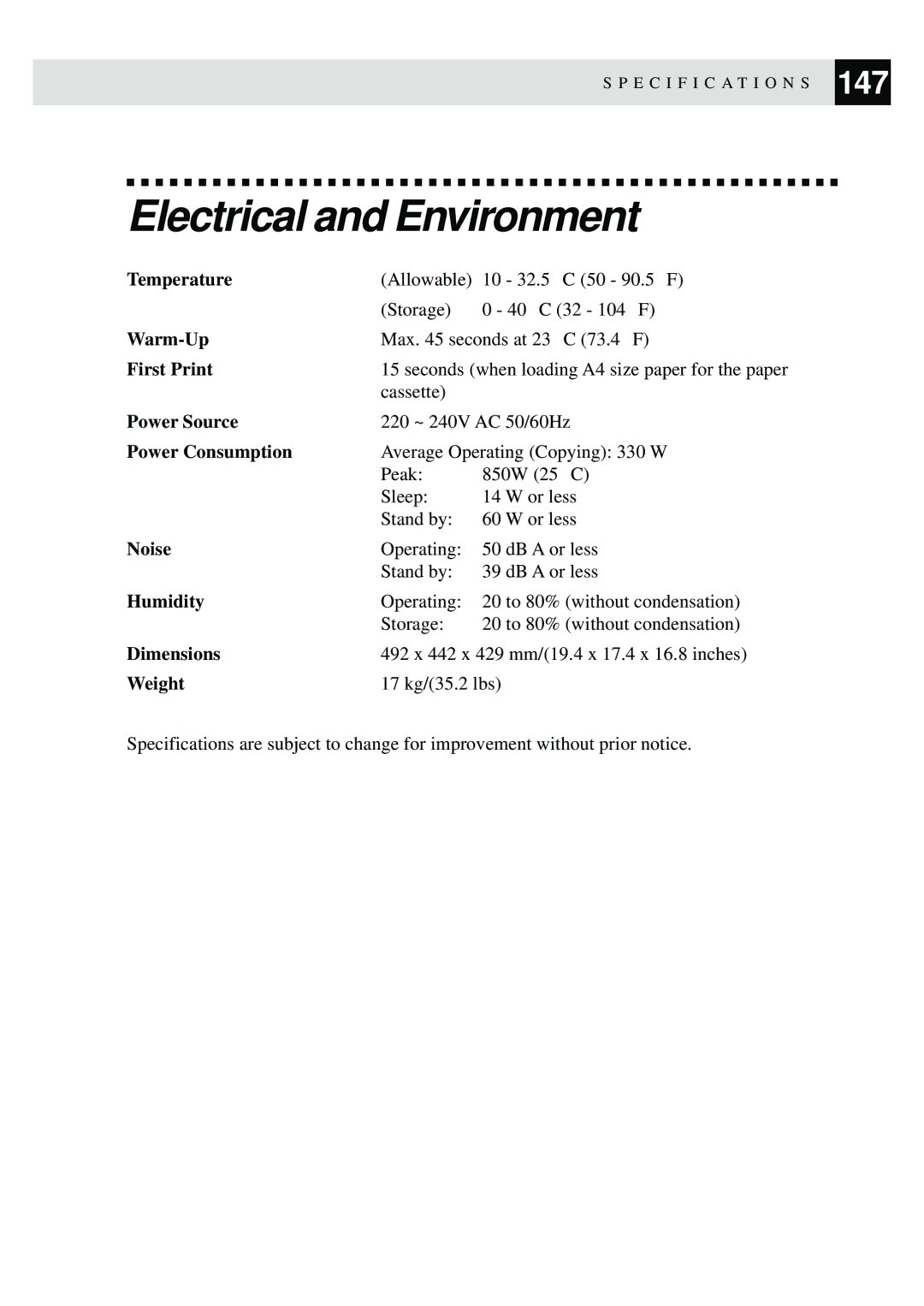 Brother MFC-9870 manual Electrical and Environment 