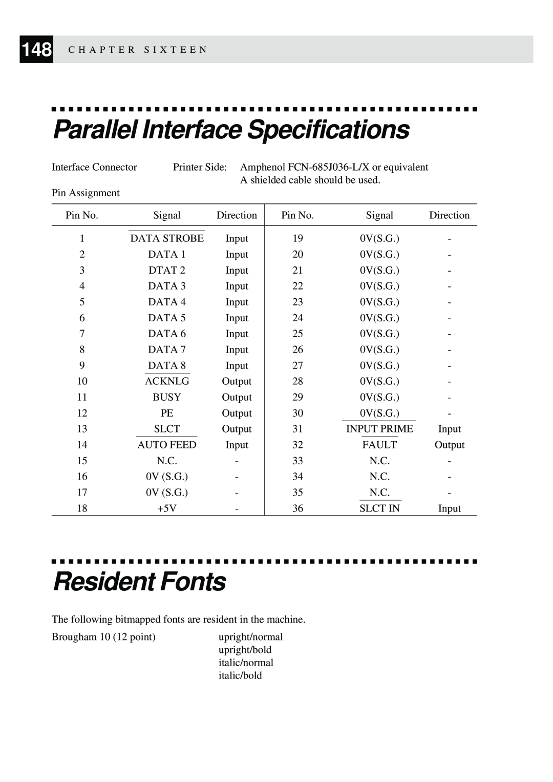 Brother MFC-9870 manual Parallel Interface Specifications, Resident Fonts 