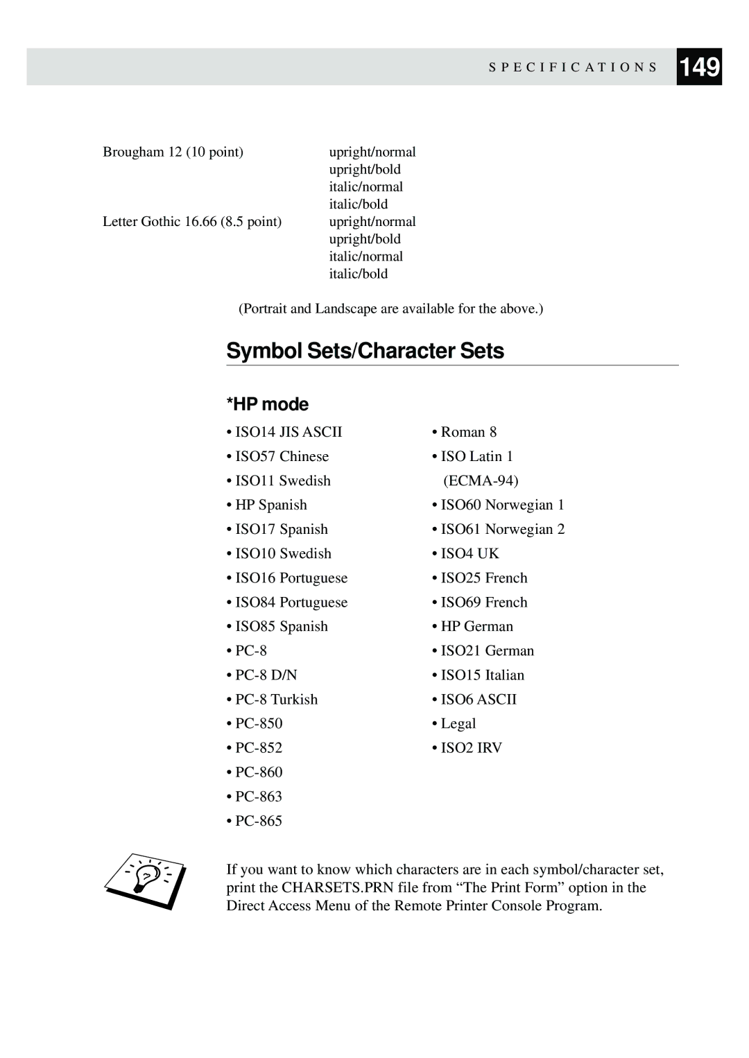 Brother MFC-9870 manual Symbol Sets/Character Sets, HP mode 