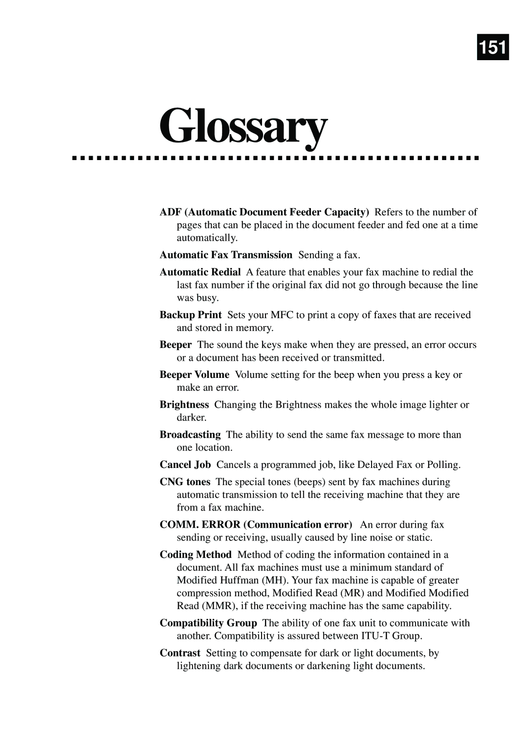 Brother MFC-9870 manual Glossary, Automatic Fax Transmission Sending a fax 