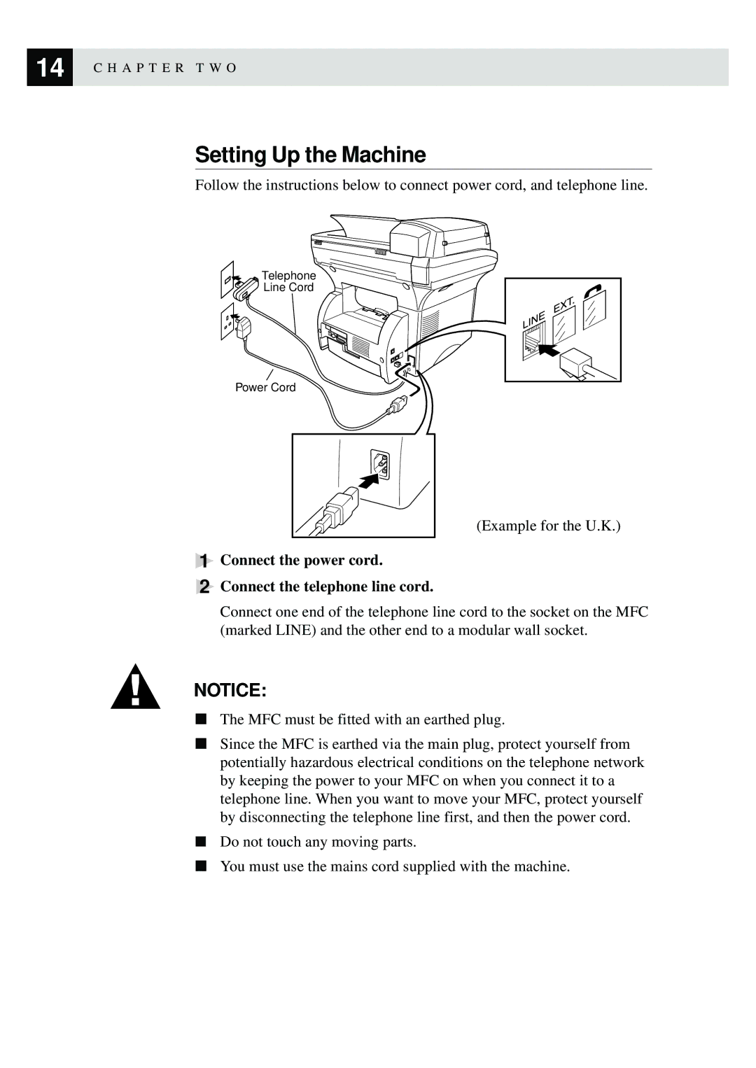 Brother MFC-9870 manual Setting Up the Machine, Connect the power cord Connect the telephone line cord 