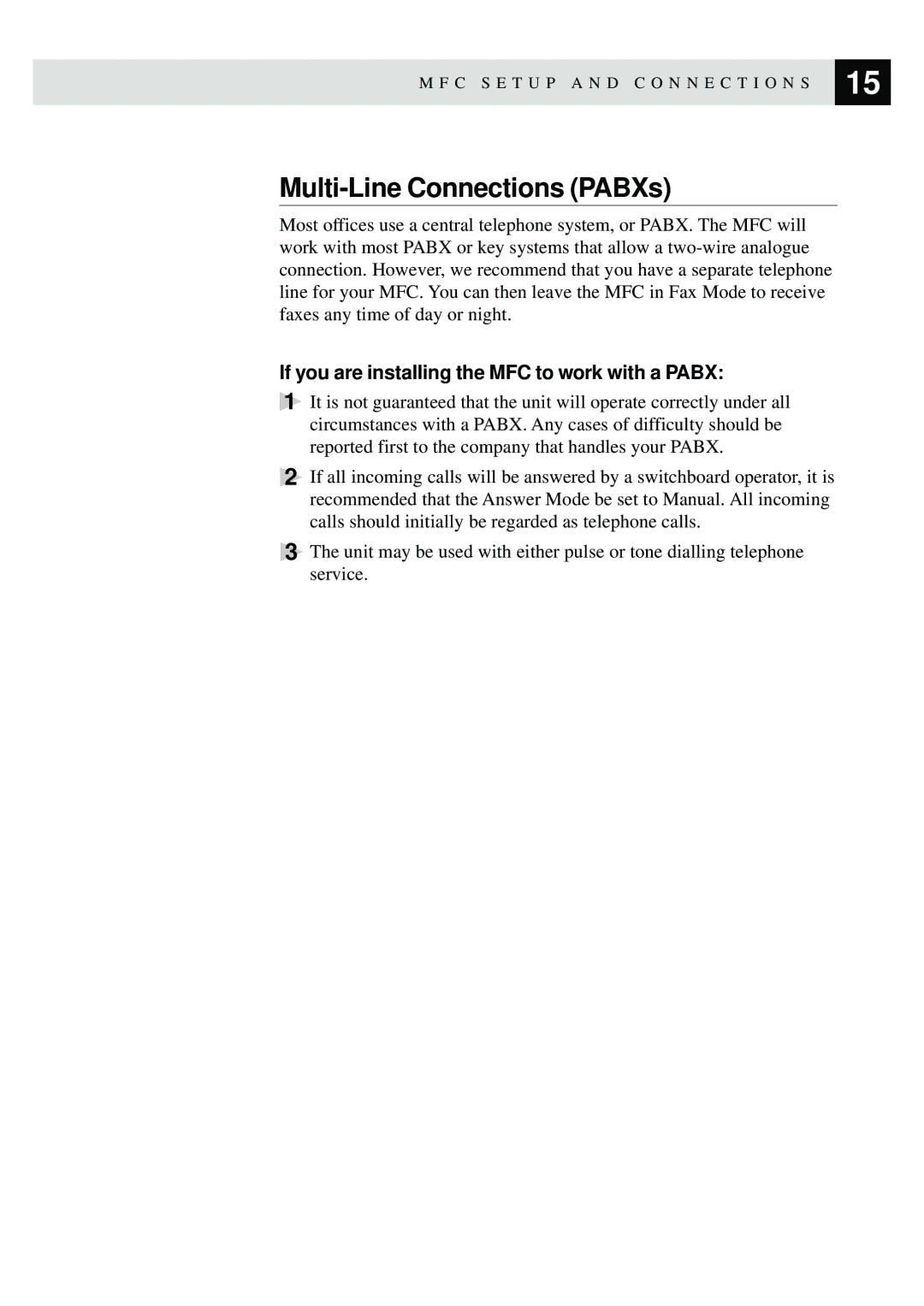 Brother MFC-9870 manual Multi-Line Connections PABXs, If you are installing the MFC to work with a Pabx 