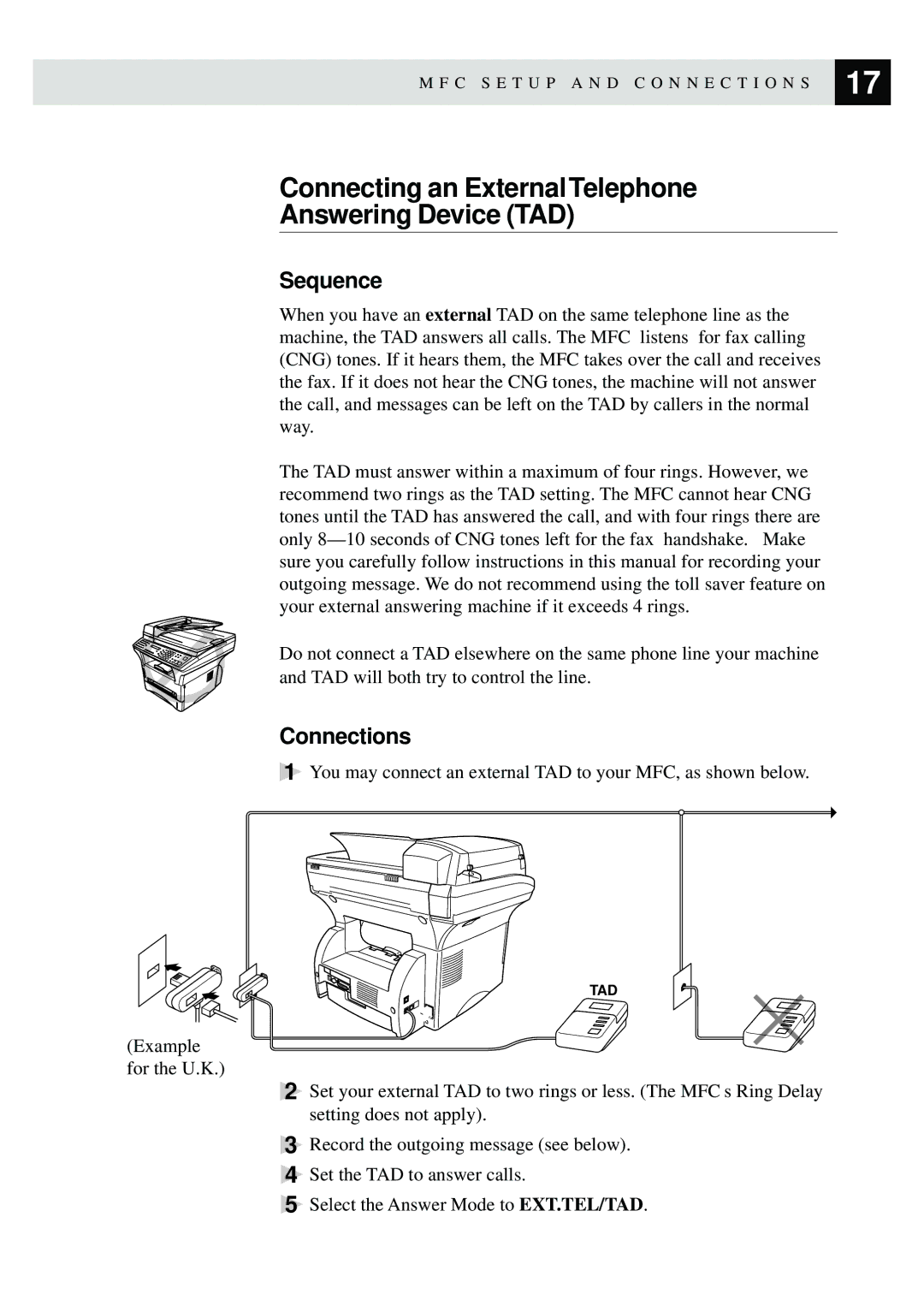 Brother MFC-9870 manual Connecting an External Telephone Answering Device TAD, Sequence, Connections 