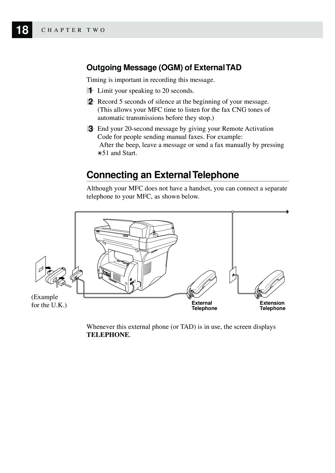 Brother MFC-9870 manual Connecting an External Telephone, Outgoing Message OGM of External TAD 