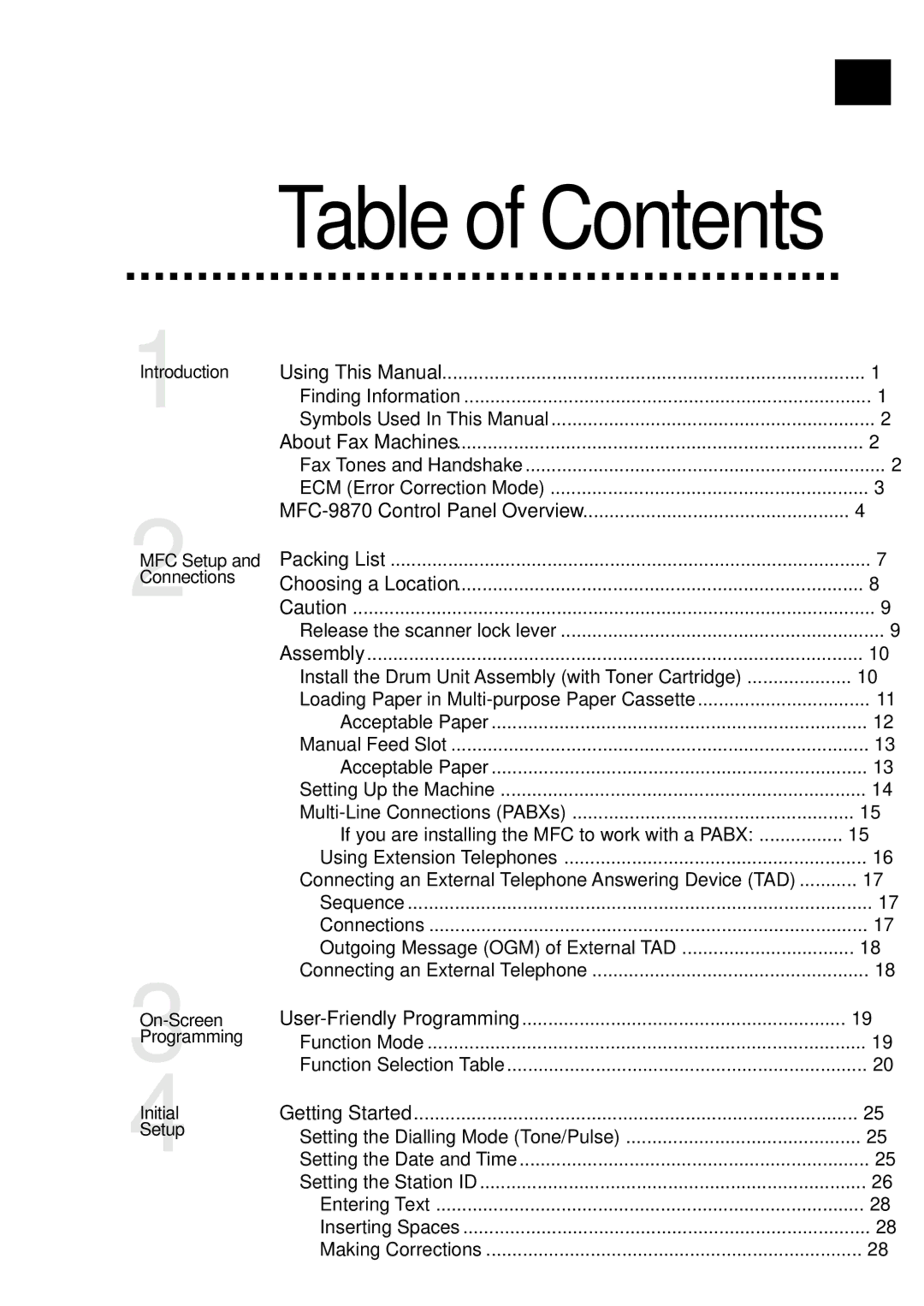 Brother MFC-9870 manual Table of Contents 