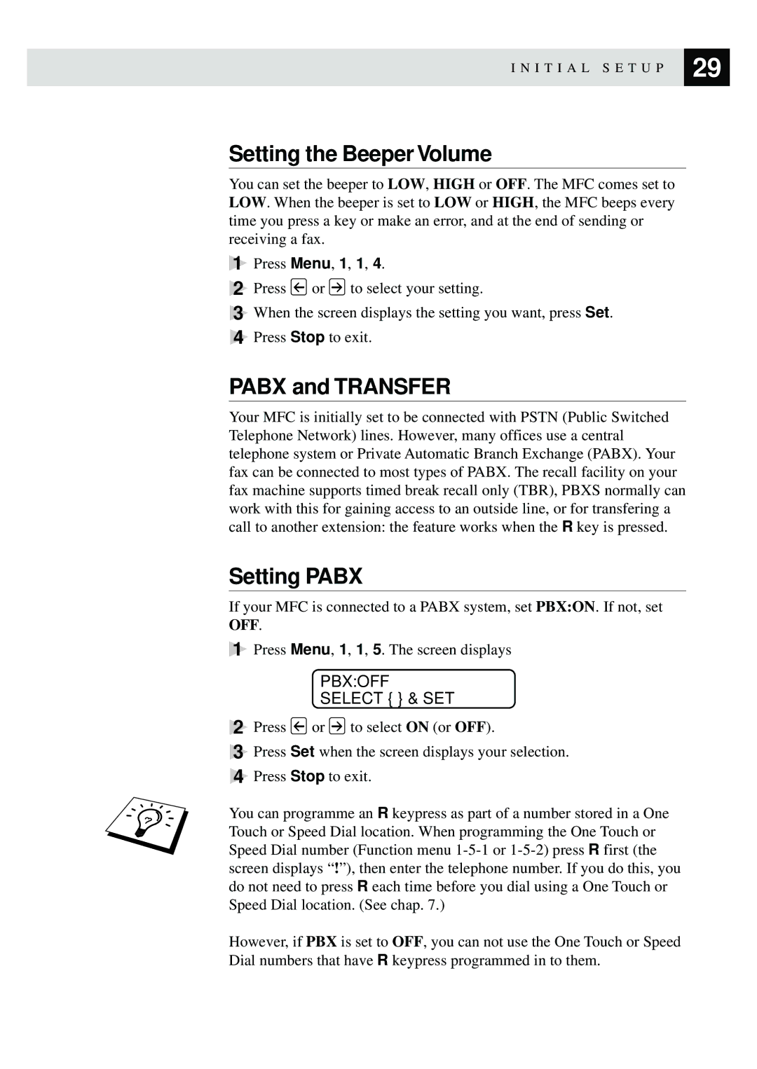 Brother MFC-9870 manual Setting the Beeper Volume, Pabx and Transfer, Setting Pabx, Pbxoff Select & SET 