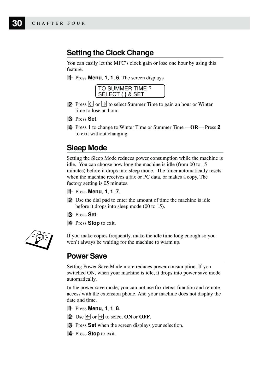 Brother MFC-9870 manual Setting the Clock Change, Sleep Mode, Power Save, To Summer Time ? Select & SET 