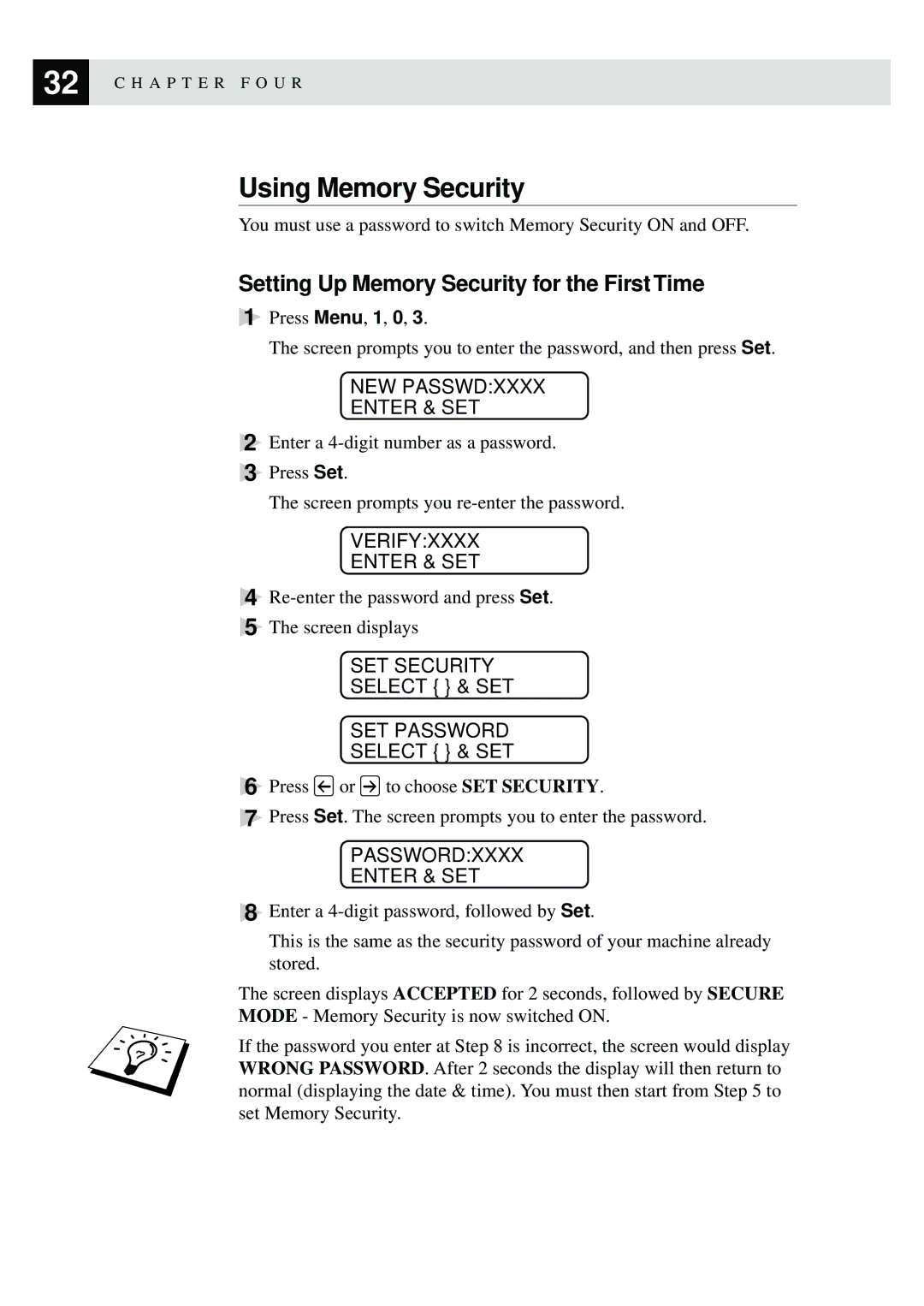 Brother MFC-9870 manual Using Memory Security, Setting Up Memory Security for the First Time 