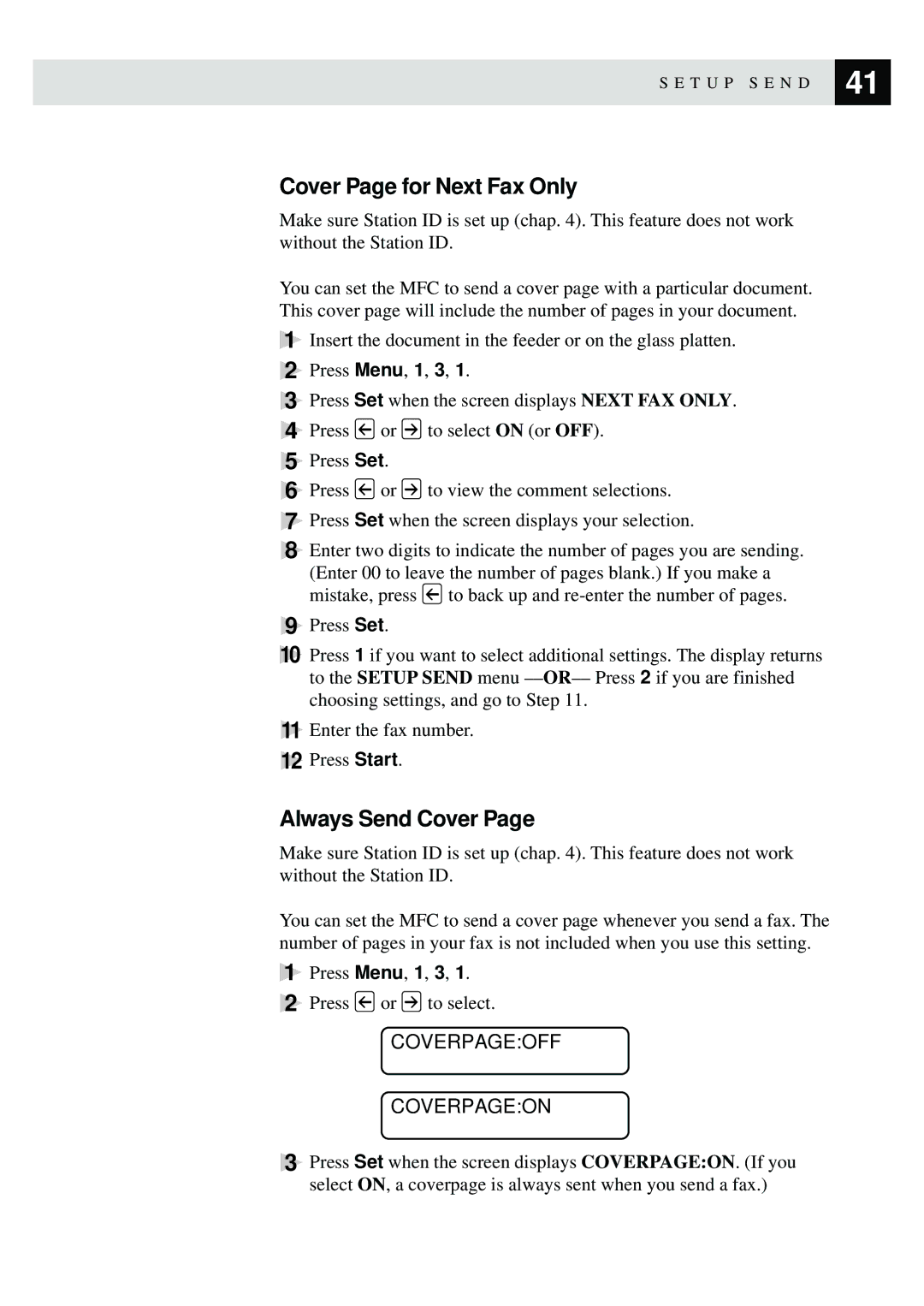 Brother MFC-9870 manual Cover Page for Next Fax Only, Always Send Cover, Coverpageoff Coverpageon 