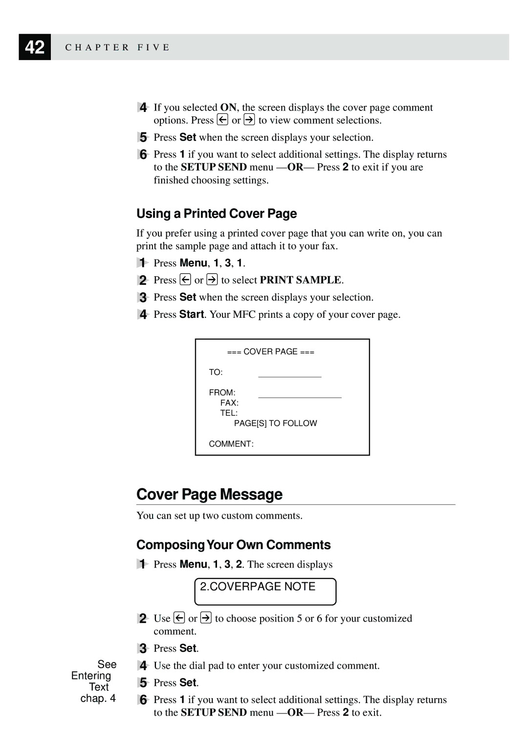 Brother MFC-9870 manual Cover Page Message, Using a Printed Cover, Composing Your Own Comments, Coverpage Note 