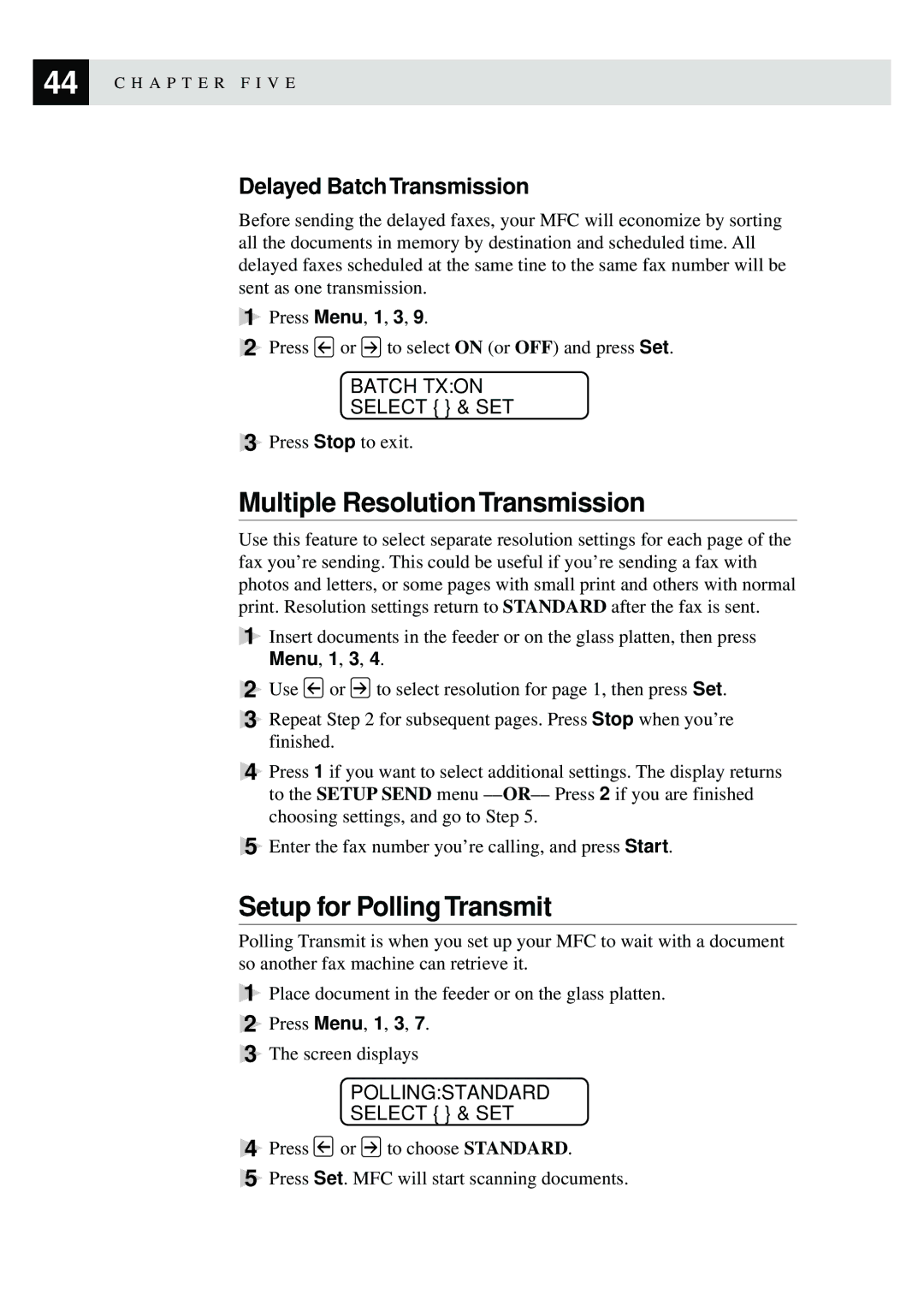 Brother MFC-9870 manual Multiple Resolution Transmission, Setup for Polling Transmit, Delayed Batch Transmission 