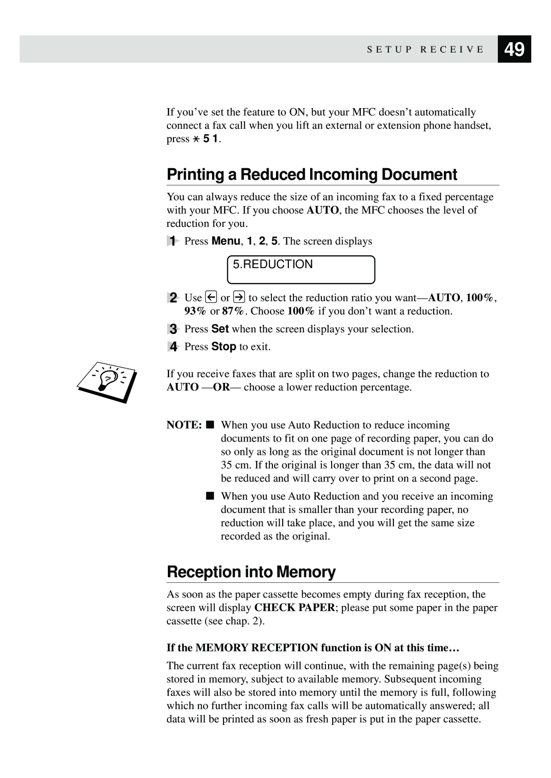 Brother MFC-9870 manual Printing a Reduced Incoming Document, Reception into Memory, Reduction 