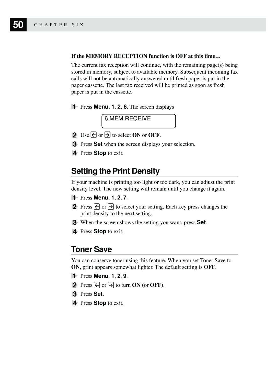 Brother MFC-9870 Setting the Print Density, Toner Save, Mem.Receive, If the Memory Reception function is OFF at this time… 