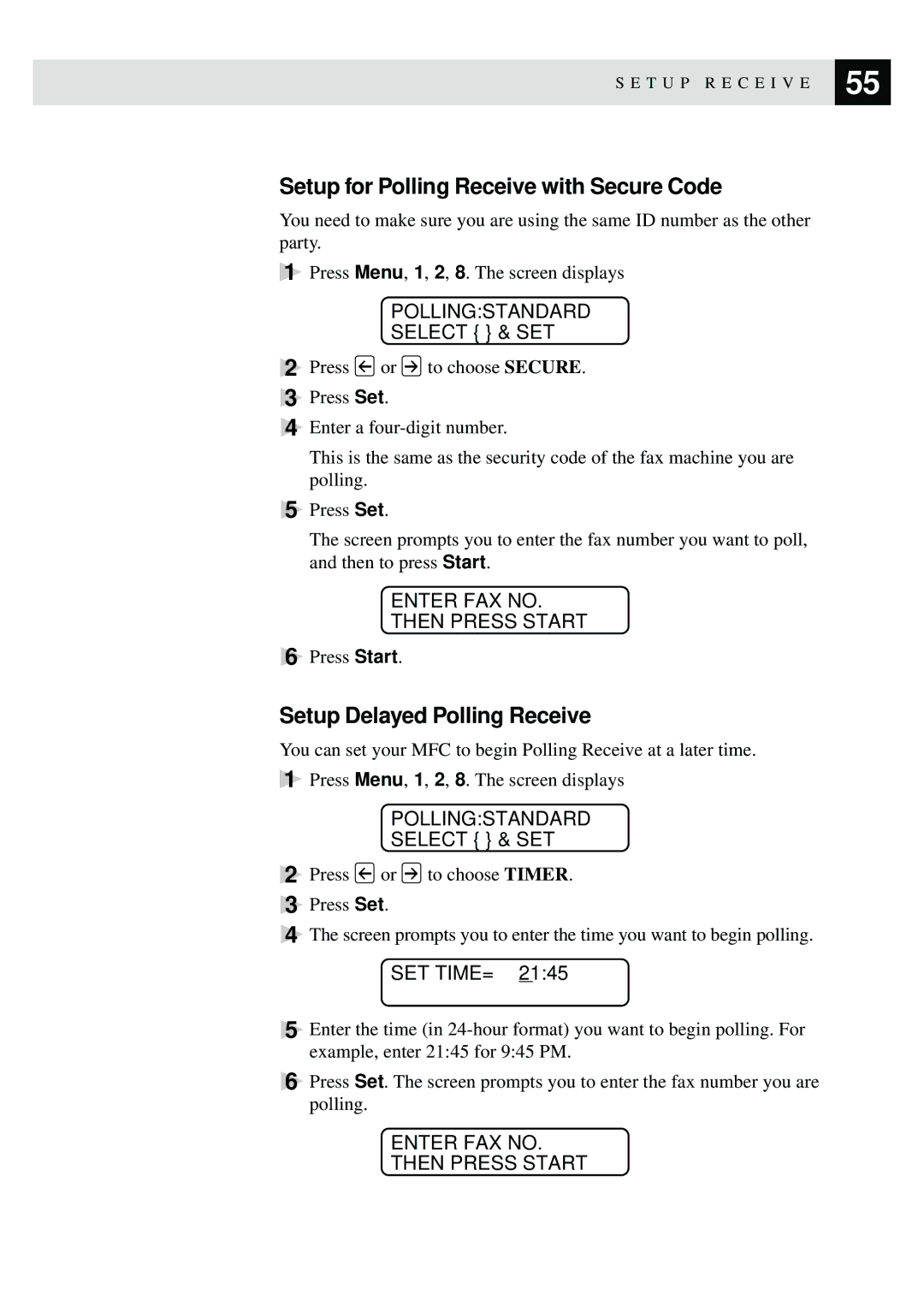 Brother MFC-9870 Setup for Polling Receive with Secure Code, Setup Delayed Polling Receive, Enter FAX NO. then Press Start 