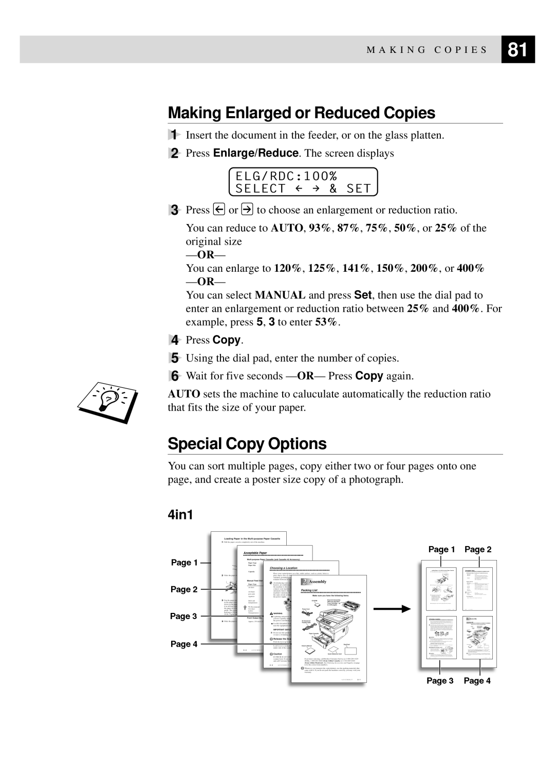 Brother MFC-9870 manual Making Enlarged or Reduced Copies, Special Copy Options, 4in1 