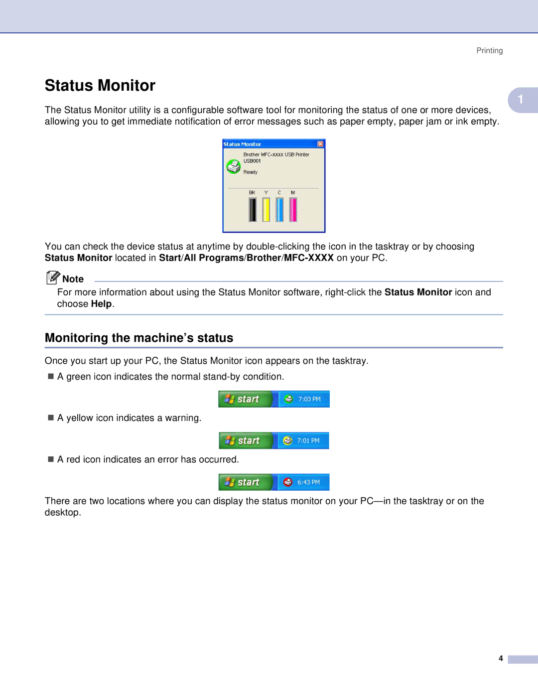 Brother MFC, DCP manual Status Monitor, Monitoring the machine’s status 