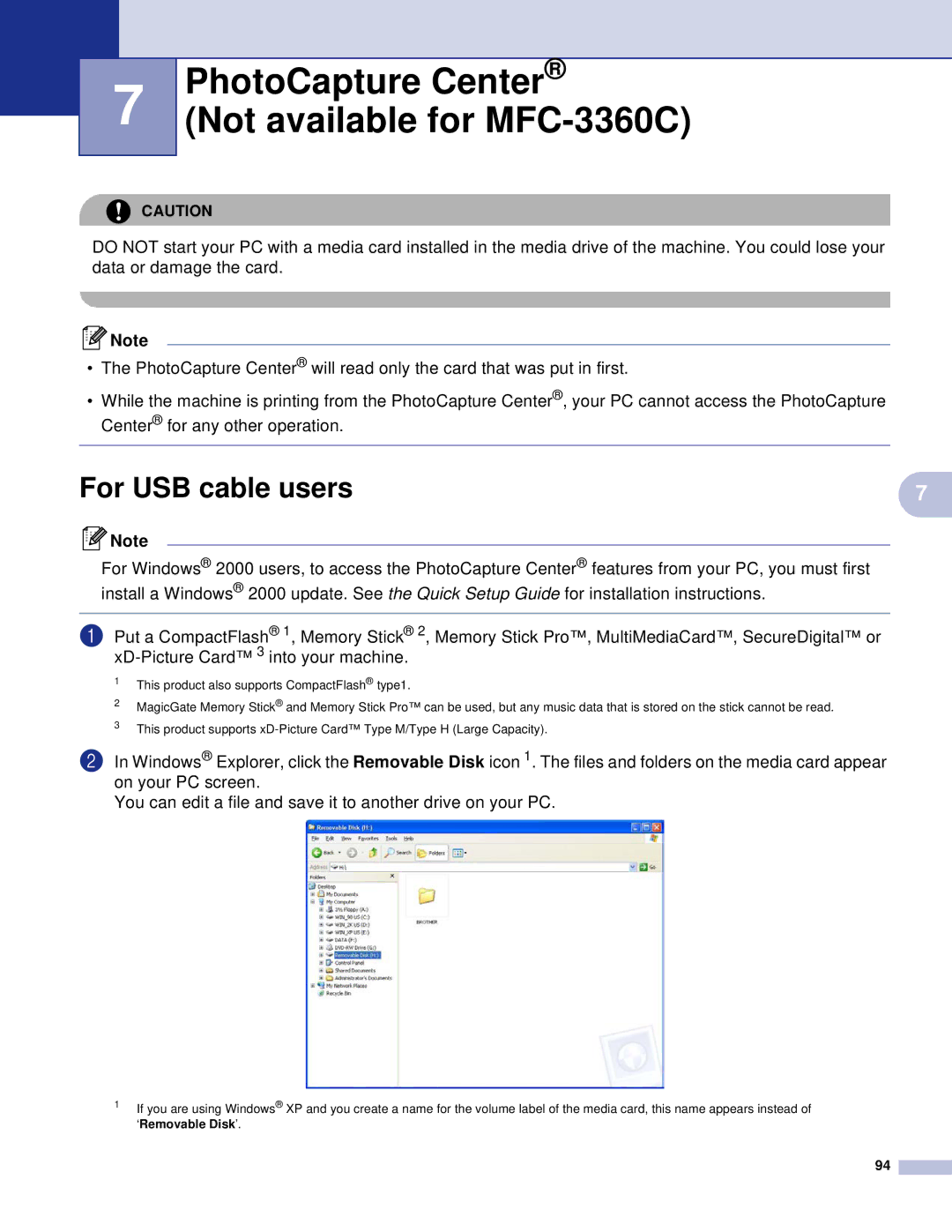 Brother DCP manual PhotoCapture Center Not available for MFC-3360C, For USB cable users 