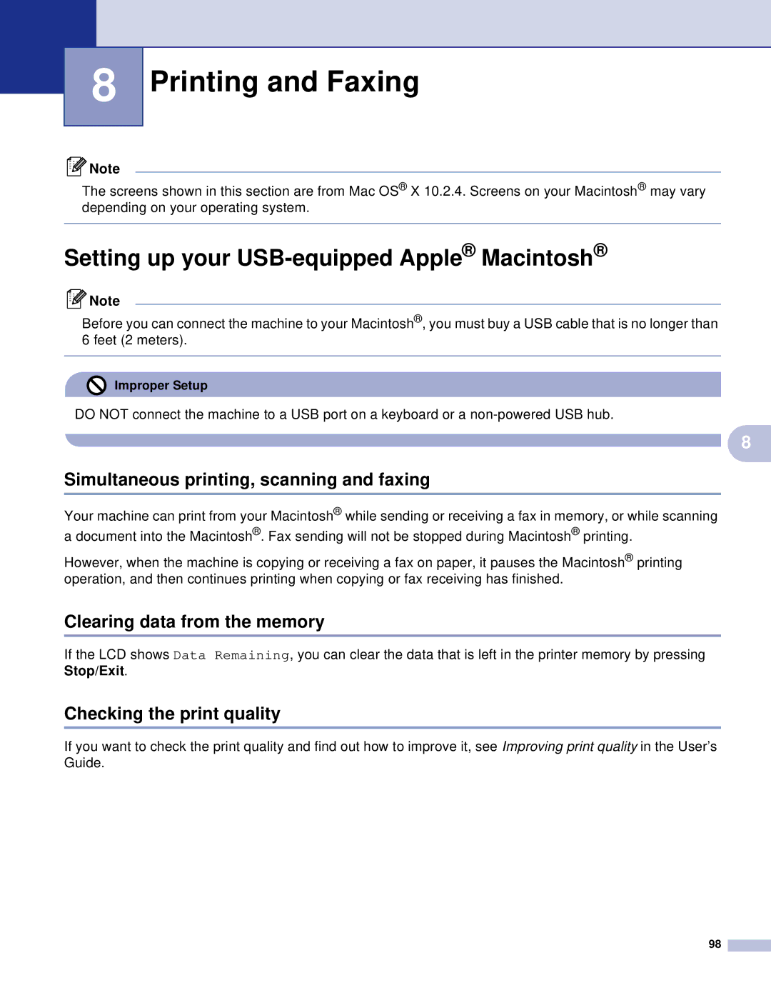 Brother MFC Printing and Faxing, Setting up your USB-equipped Apple Macintosh, Simultaneous printing, scanning and faxing 