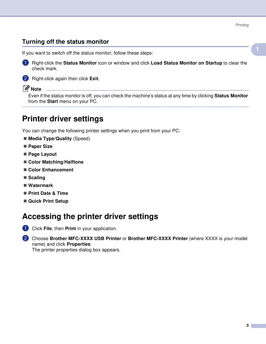 Brother DCP, MFC manual Printer driver settings, Accessing the printer driver settings, Turning off the status monitor 