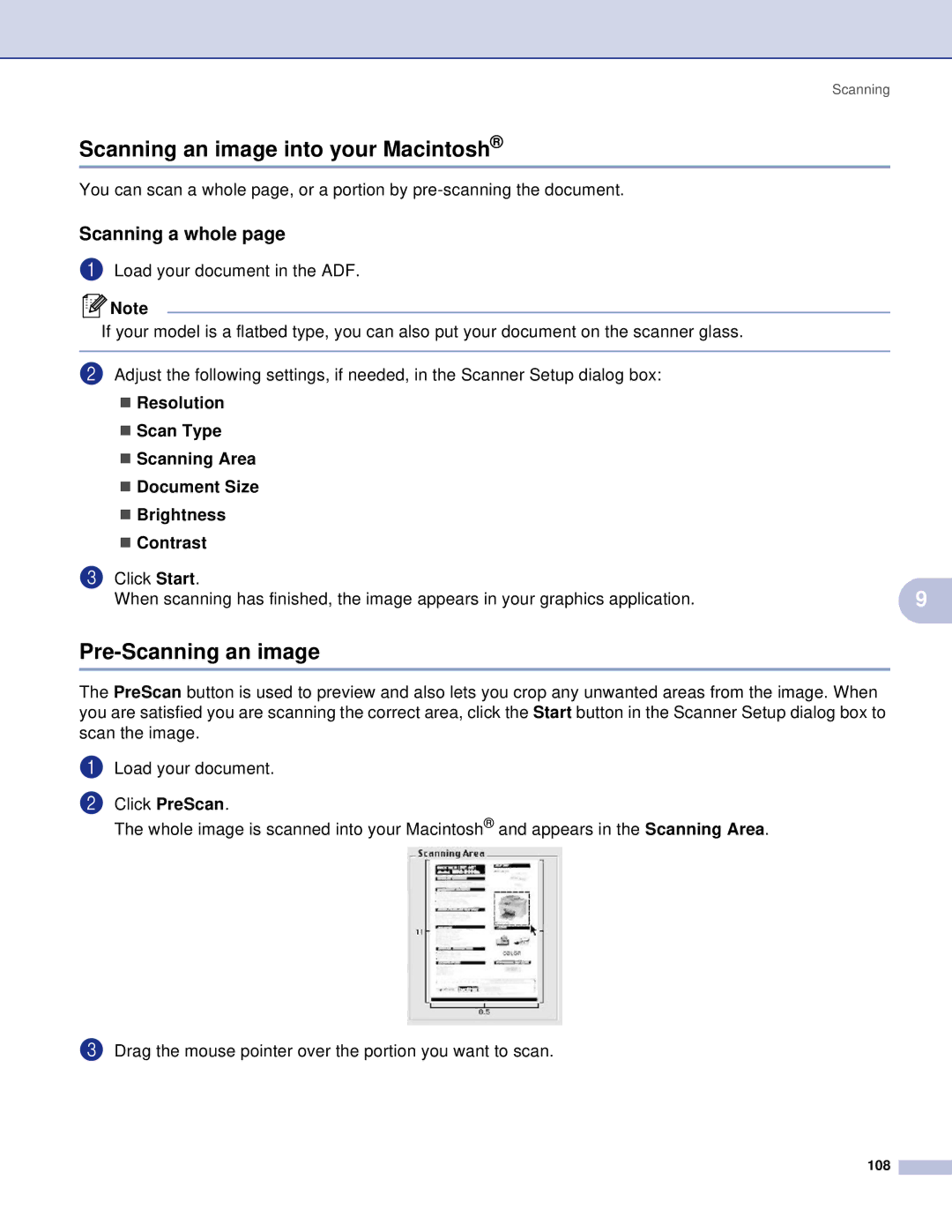 Brother MFC, DCP manual Scanning an image into your Macintosh, Pre-Scanning an image 