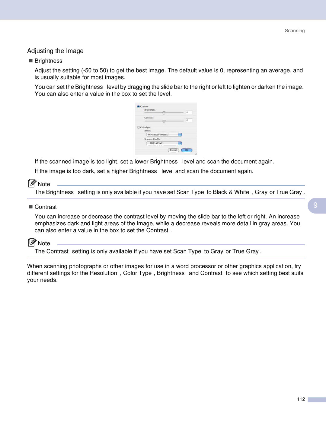 Brother MFC, DCP manual Adjusting the Image, „ Brightness 