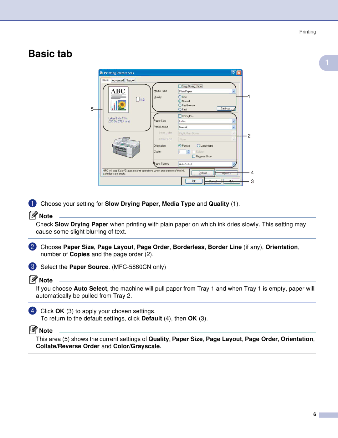 Brother MFC, DCP manual Basic tab 