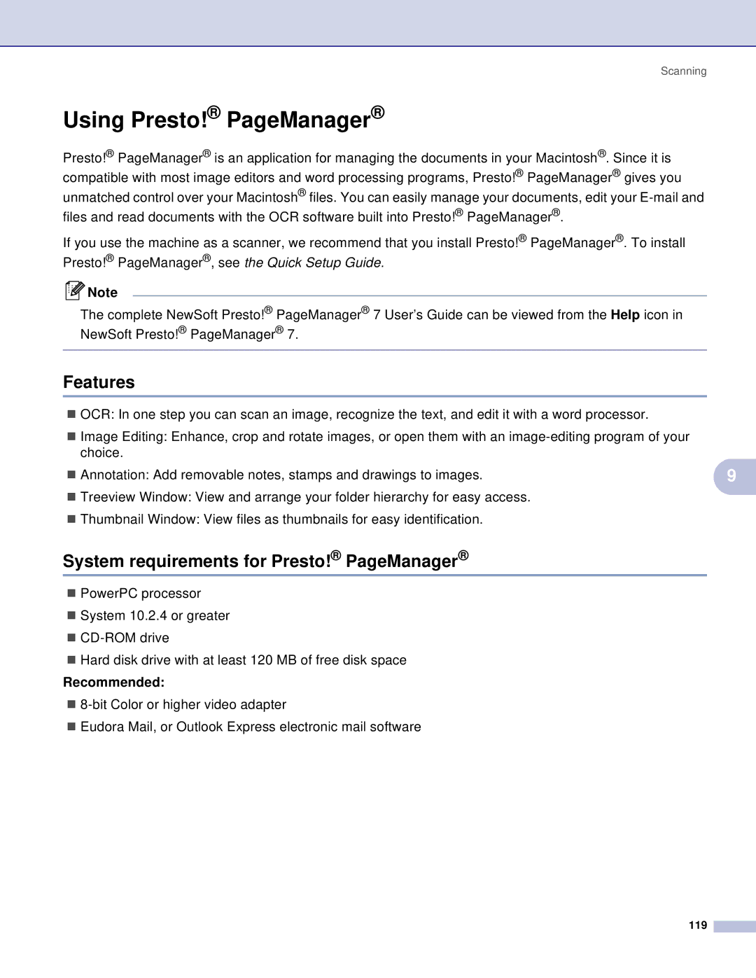 Brother DCP, MFC manual Using Presto! PageManager, Features, System requirements for Presto! PageManager, Recommended 