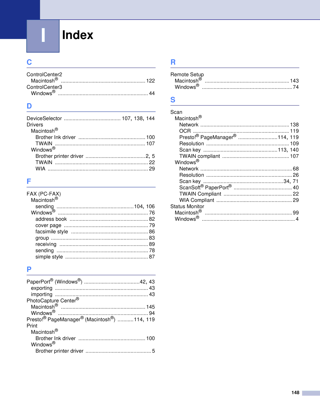 Brother MFC, DCP manual Index, Fax Pc-Fax 