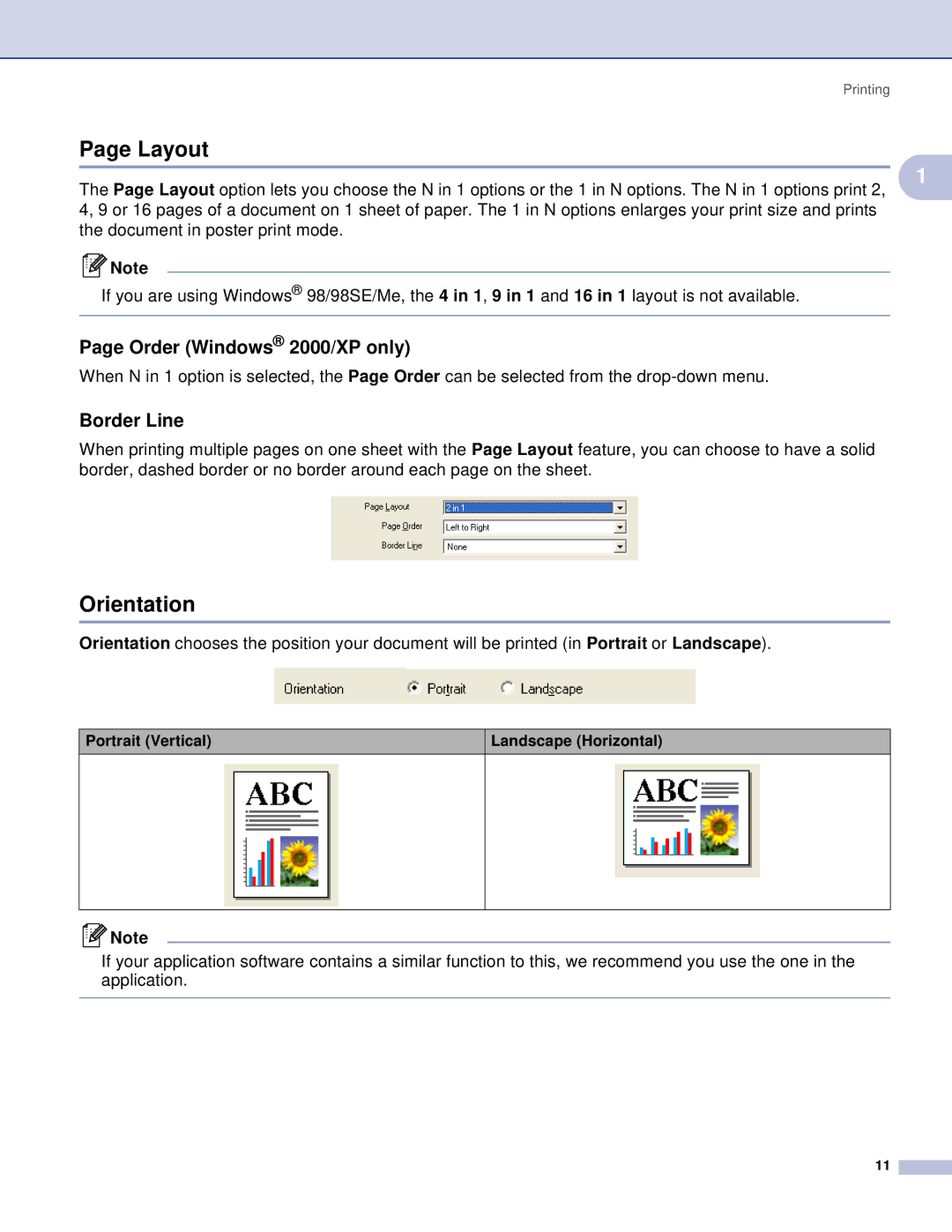 Brother DCP, MFC manual Layout, Orientation, Order Windows 2000/XP only, Border Line 