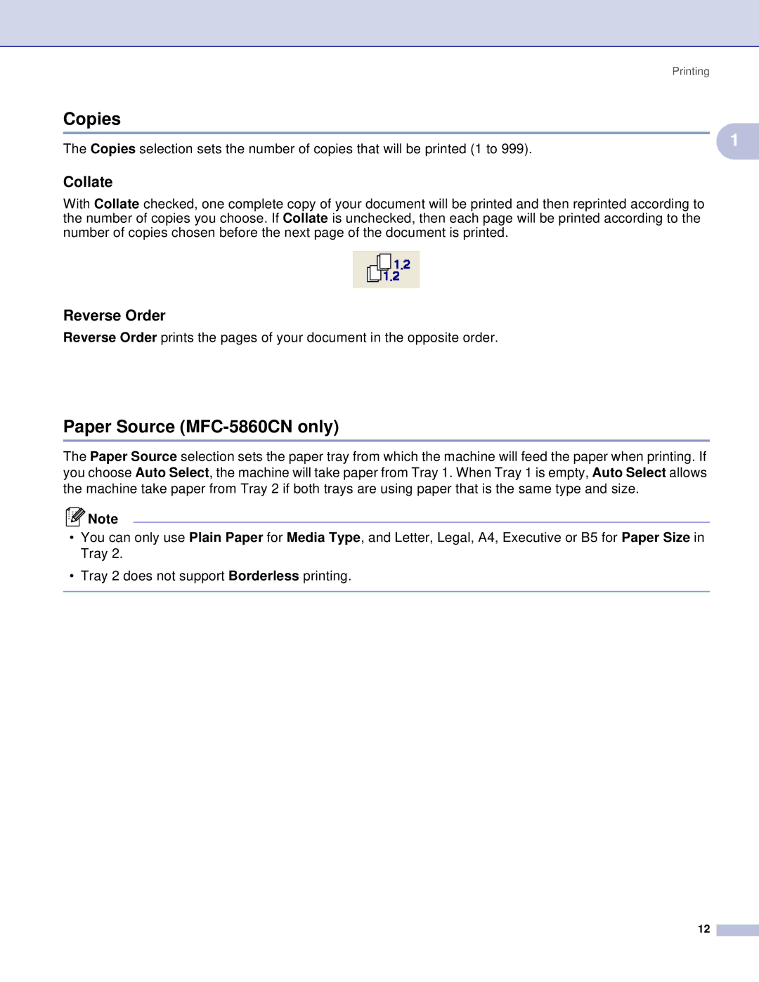 Brother DCP manual Copies, Paper Source MFC-5860CN only, Collate, Reverse Order 