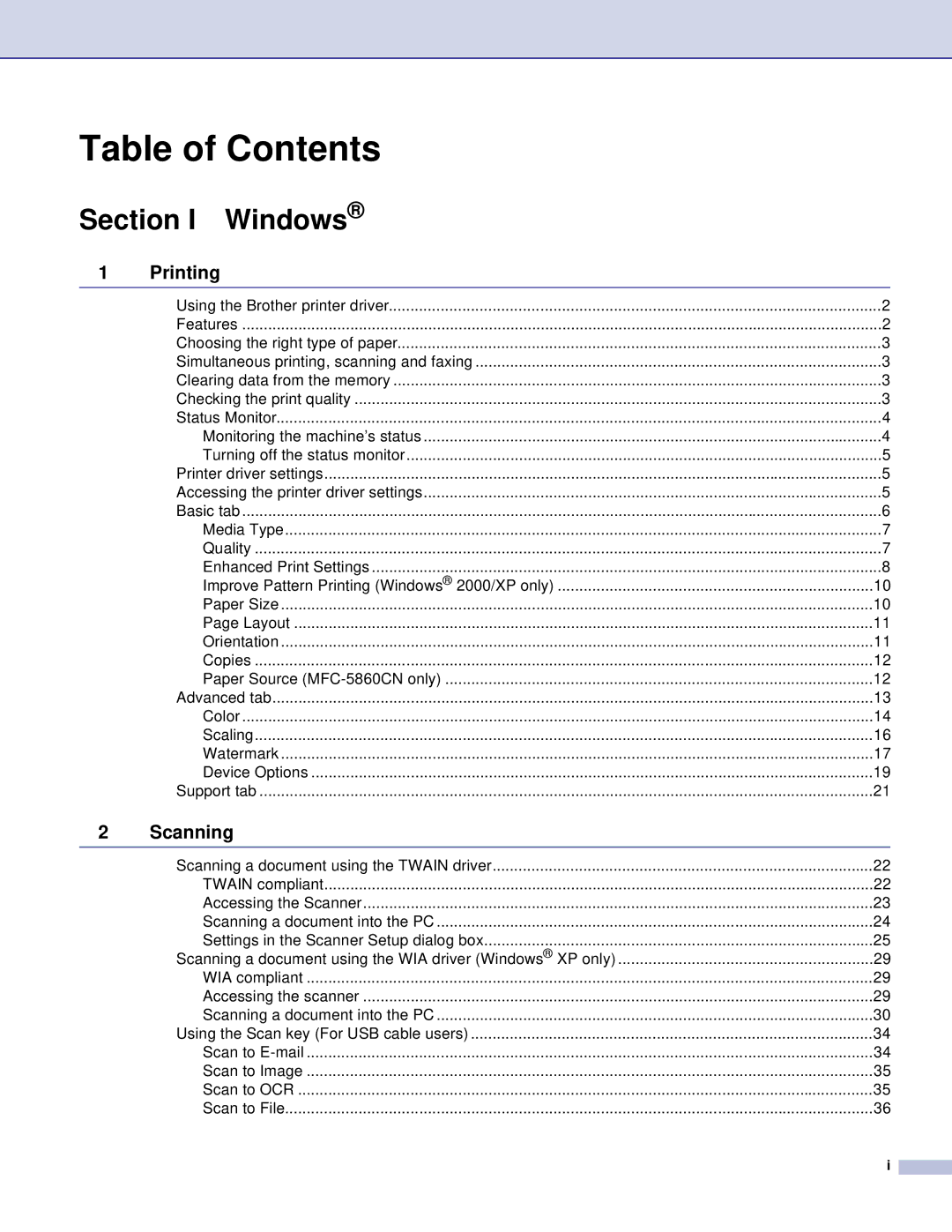 Brother MFC, DCP manual Table of Contents 