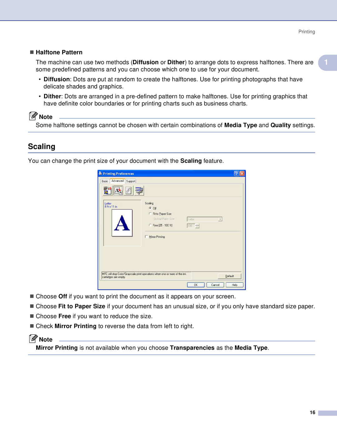 Brother MFC, DCP manual Scaling, „ Halftone Pattern 
