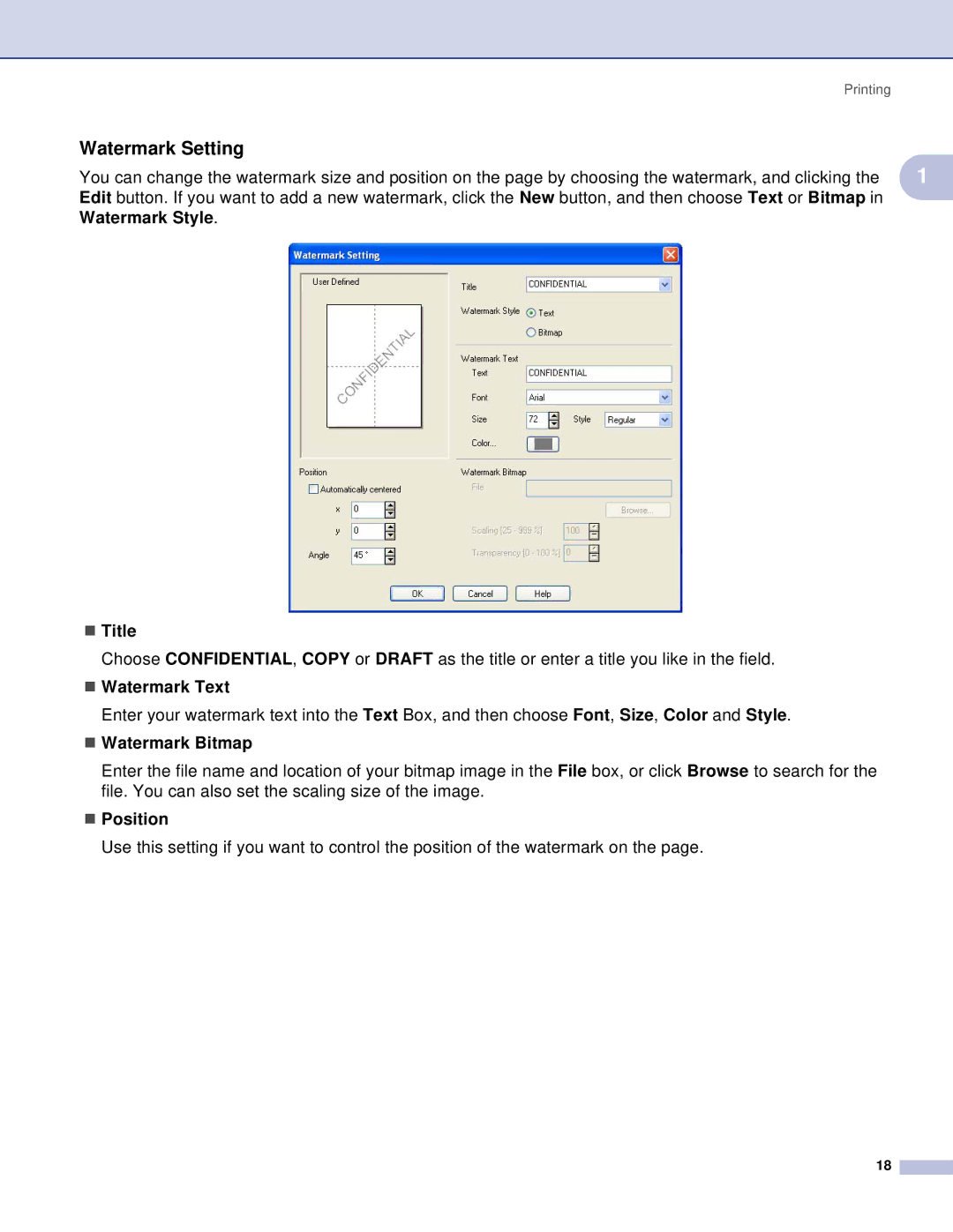 Brother MFC, DCP manual Watermark Setting, „ Title, „ Watermark Text, „ Watermark Bitmap, „ Position 