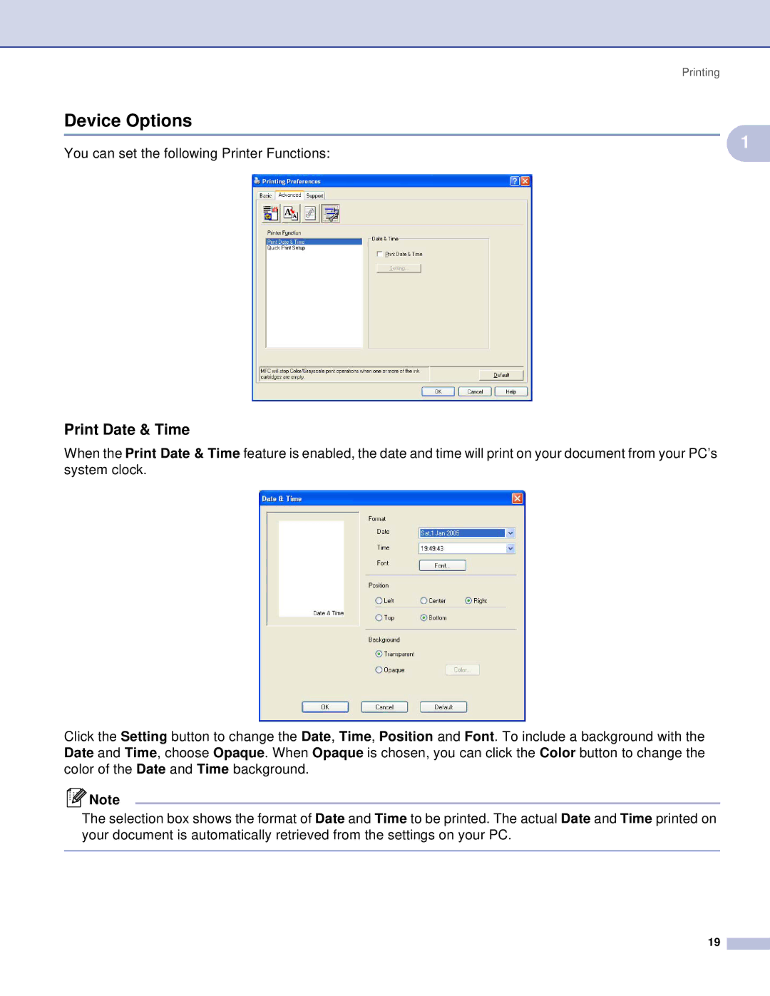 Brother DCP, MFC manual Device Options, Print Date & Time 