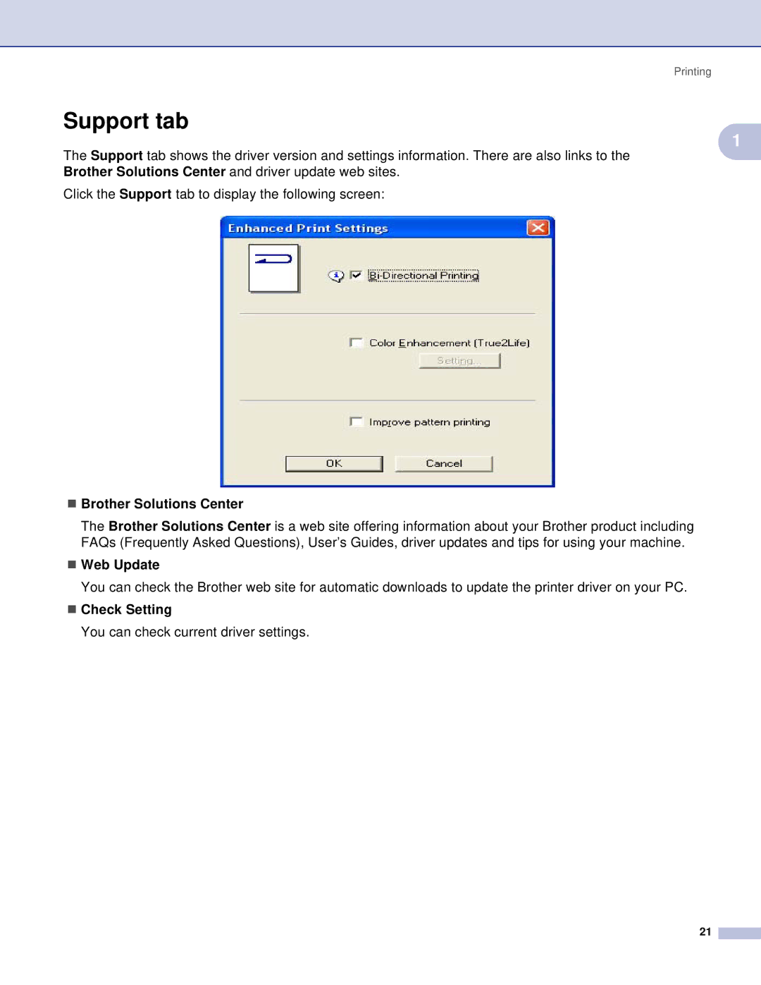 Brother DCP, MFC manual Support tab, „ Brother Solutions Center, „ Web Update, „ Check Setting 