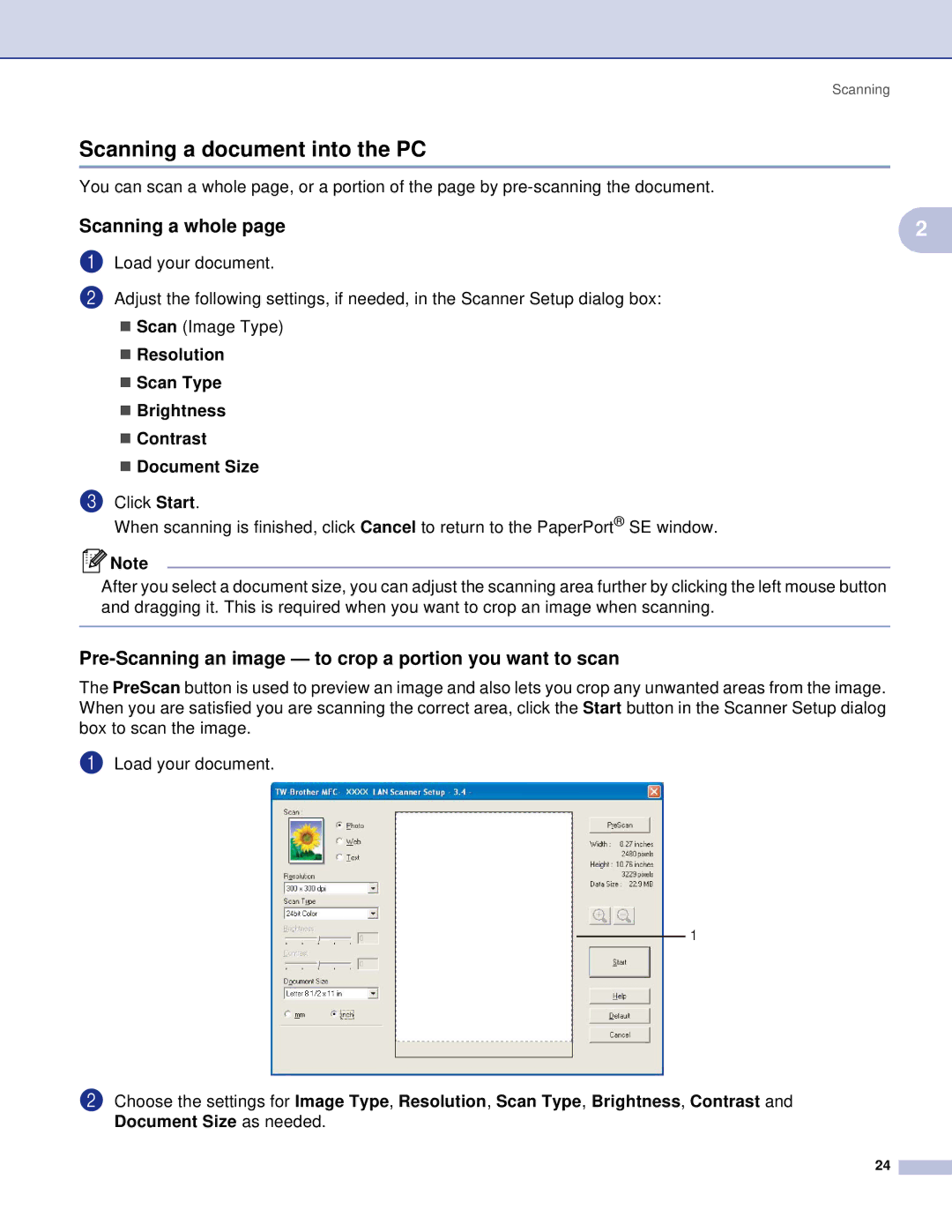 Brother MFC Scanning a document into the PC, Scanning a whole, Pre-Scanning an image to crop a portion you want to scan 