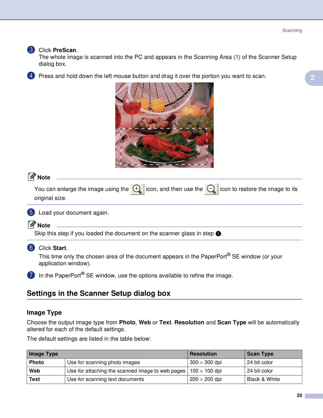 Brother DCP, MFC manual Settings in the Scanner Setup dialog box, Image Type 